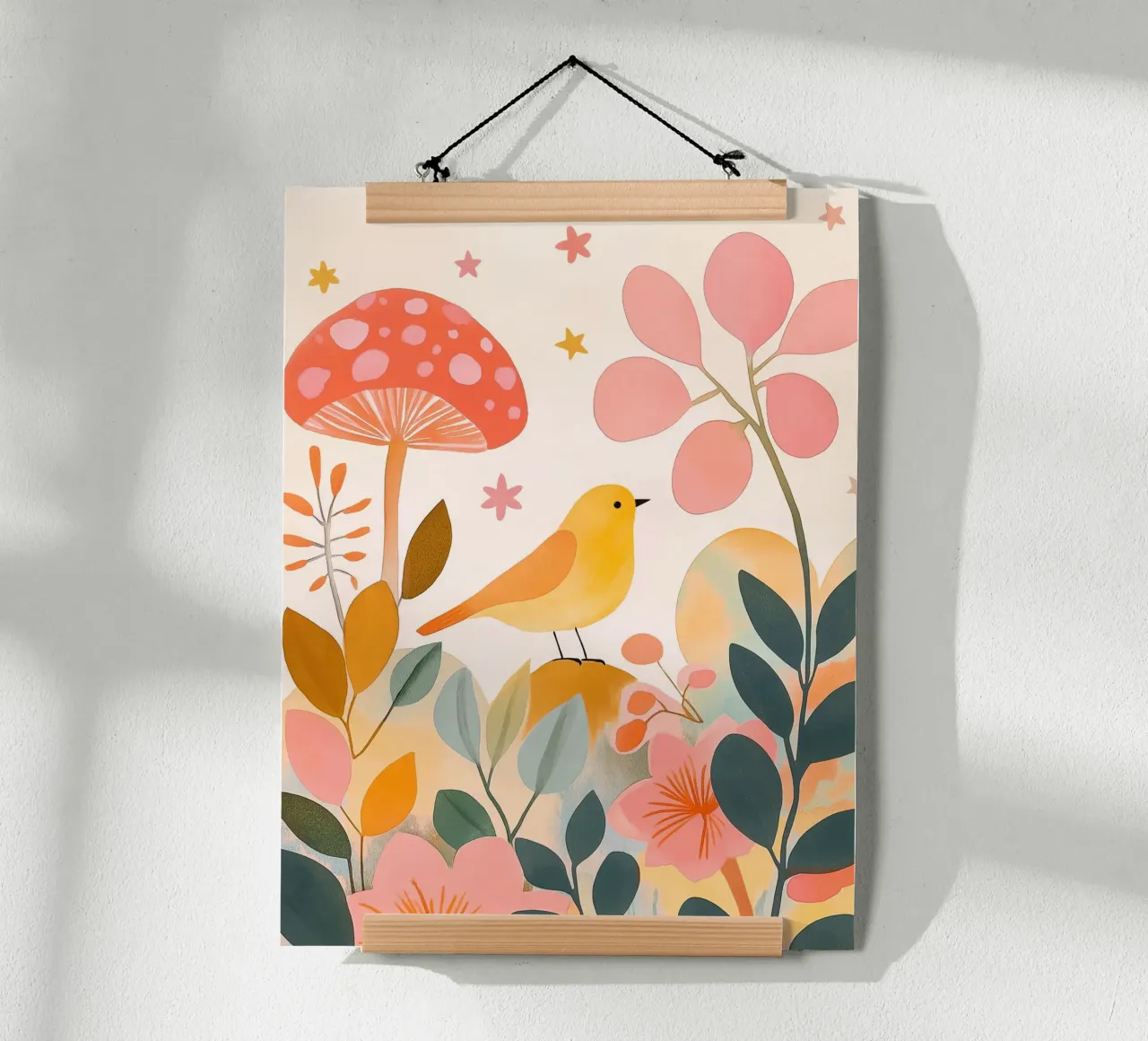 Cute Yellow Bird in Mushroom Garden Boho Botanical Autumn poster with wooden frame by Gentle Echoes Art