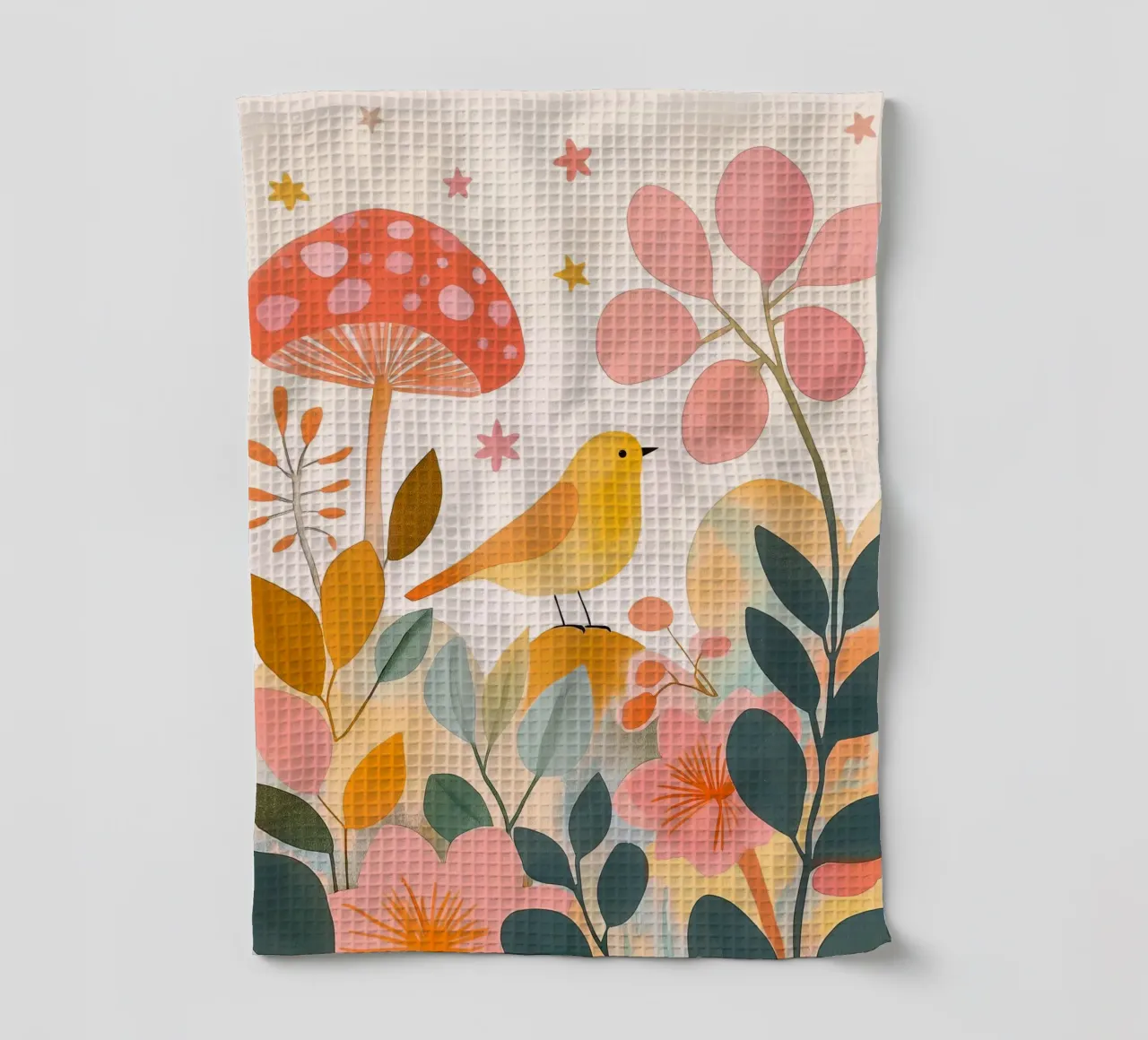 Mignon oiseau jaune dans un jardin de champignons Boho Botanique Automne torchon de Gentle Echoes Art