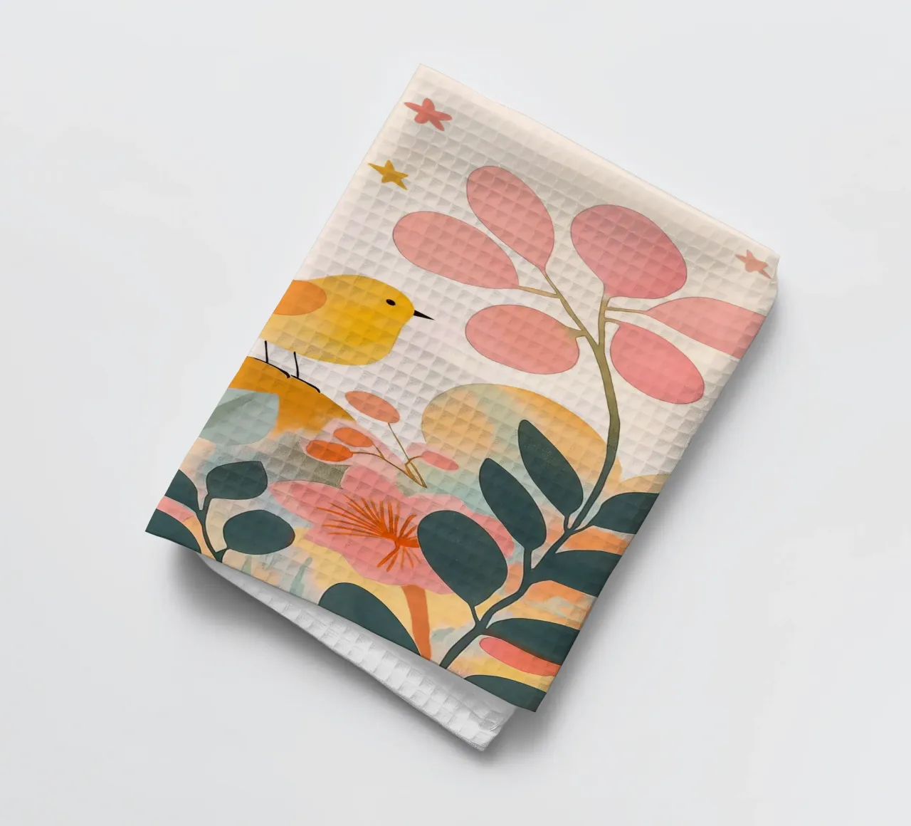 Mignon oiseau jaune dans un jardin de champignons Boho Botanique Automne torchon de Gentle Echoes Art