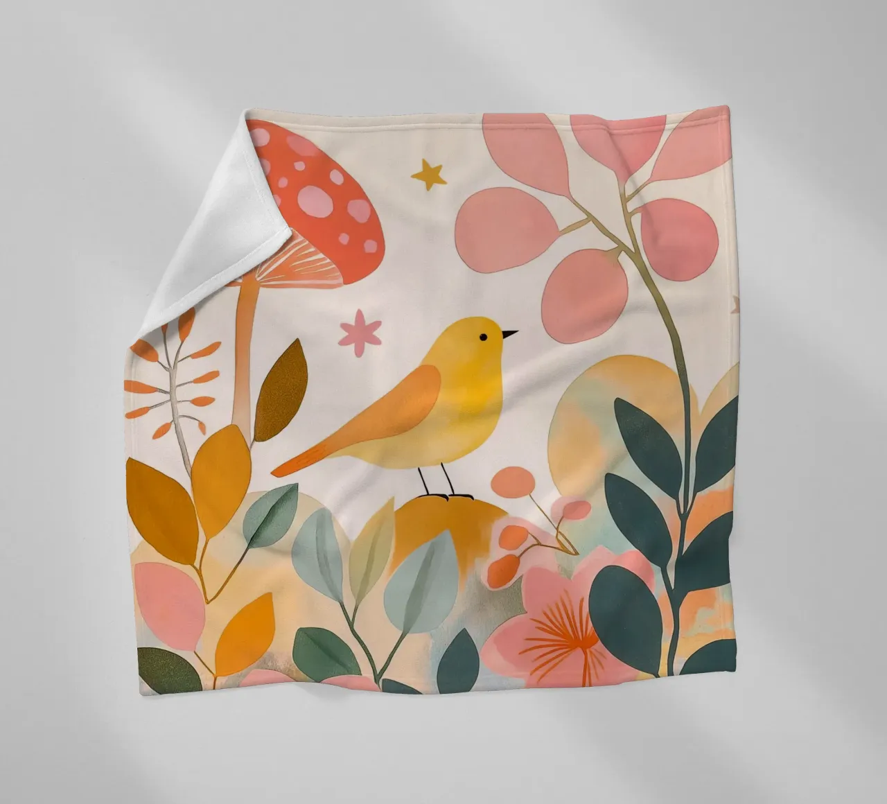Mignon oiseau jaune dans un jardin de champignons Boho Botanique Automne plaid polaire de Gentle Echoes Art