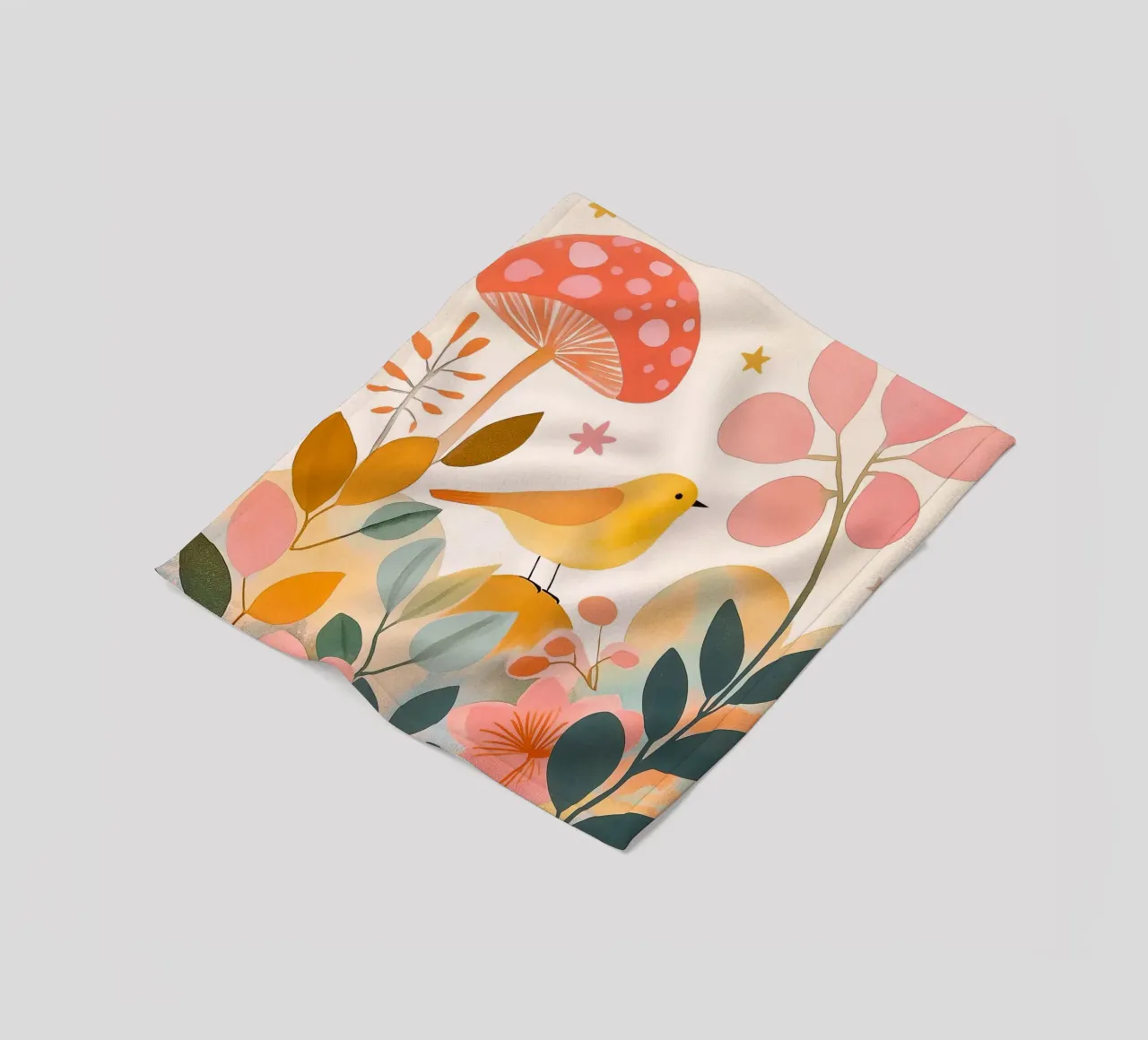 Mignon oiseau jaune dans un jardin de champignons Boho Botanique Automne plaid polaire de Gentle Echoes Art