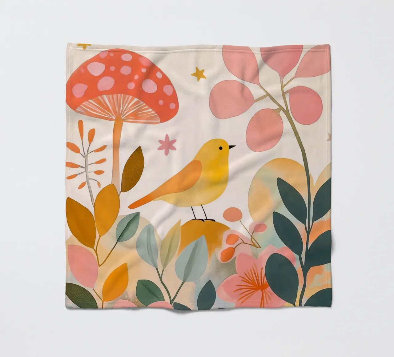 Mignon oiseau jaune dans un jardin de champignons Boho Botanique Automne plaid polaire de Gentle Echoes Art