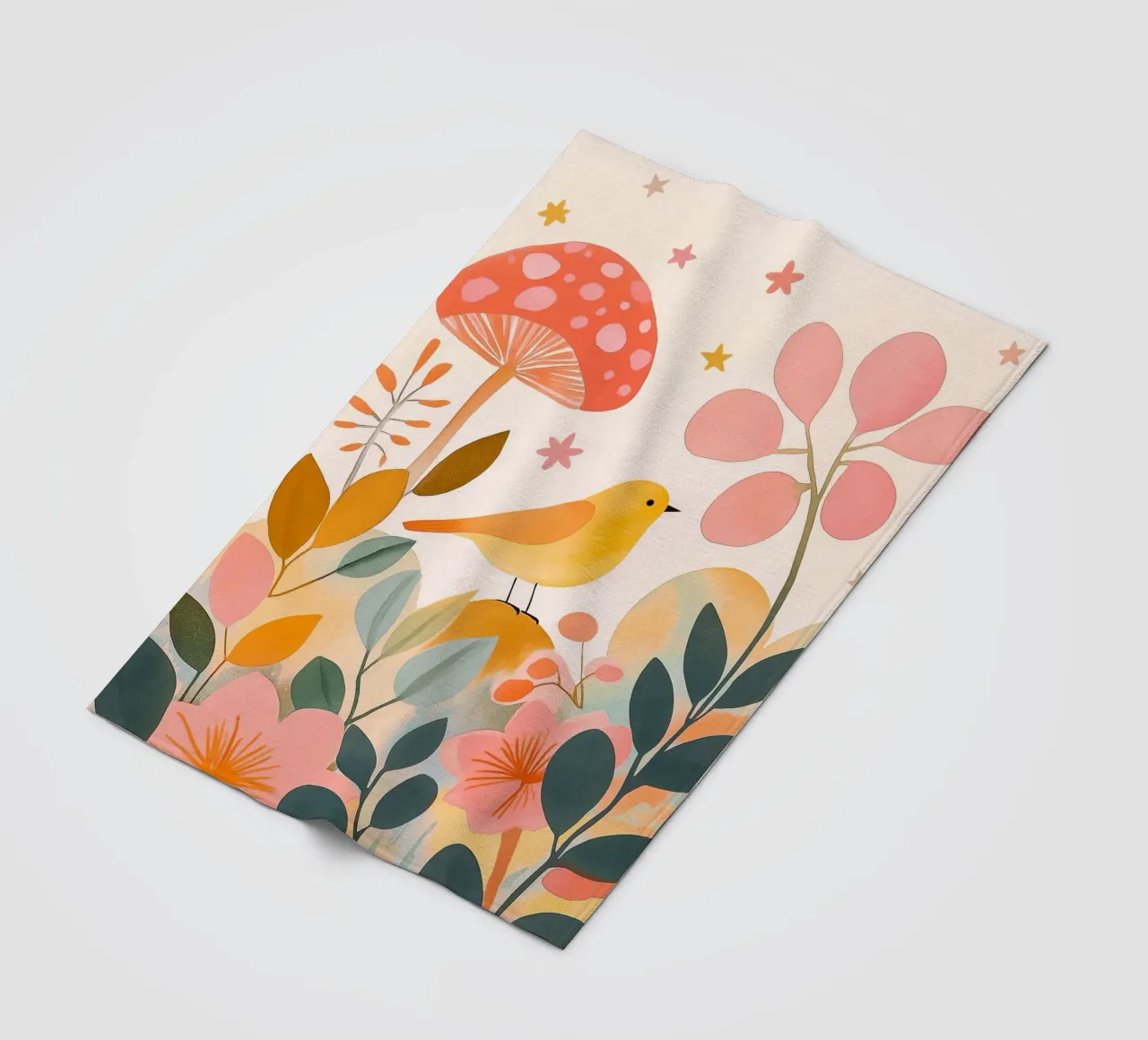 Mignon oiseau jaune dans un jardin de champignons Boho Botanique Automne plaid polaire de Gentle Echoes Art