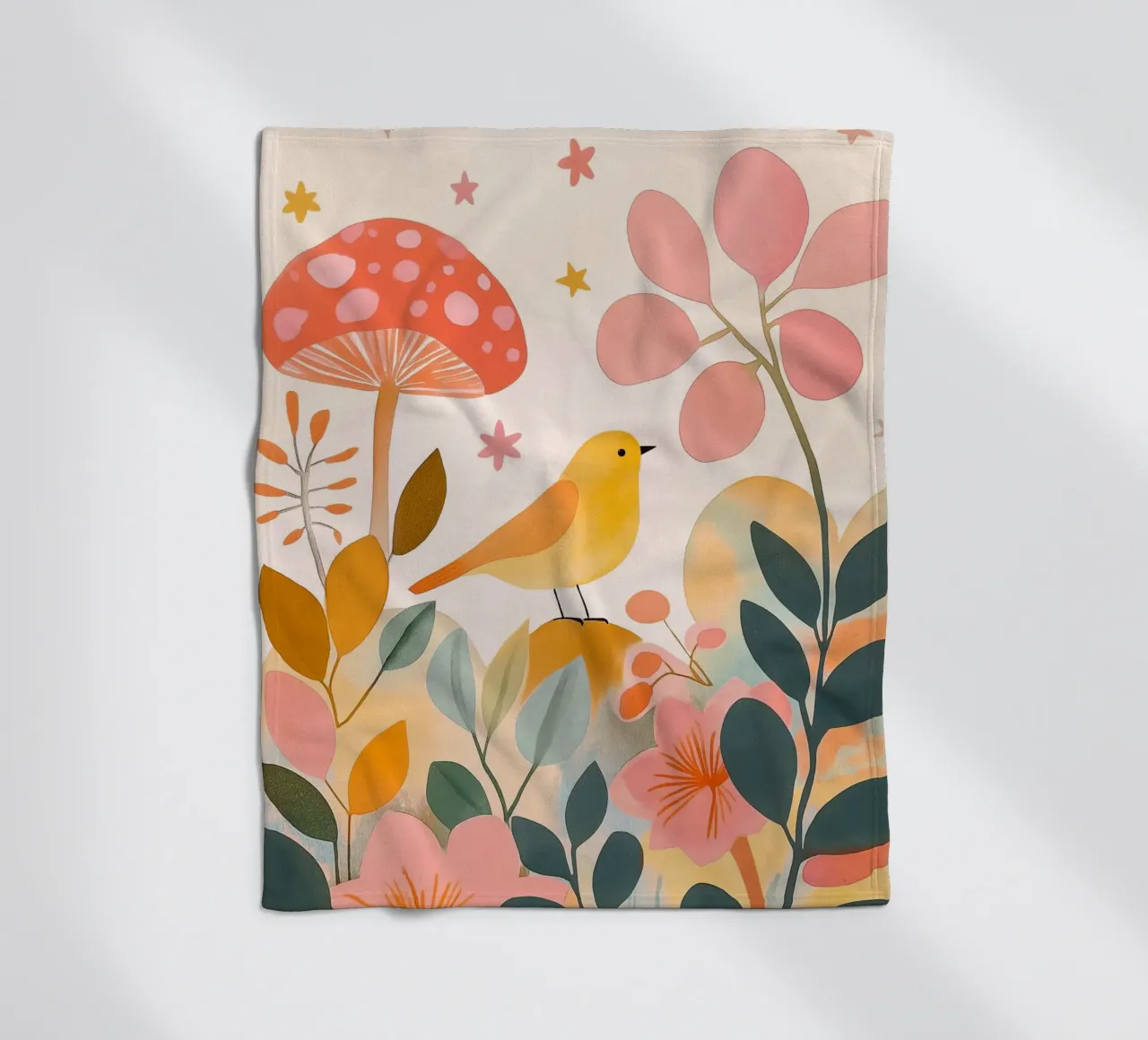 Mignon oiseau jaune dans un jardin de champignons Boho Botanique Automne plaid polaire de Gentle Echoes Art