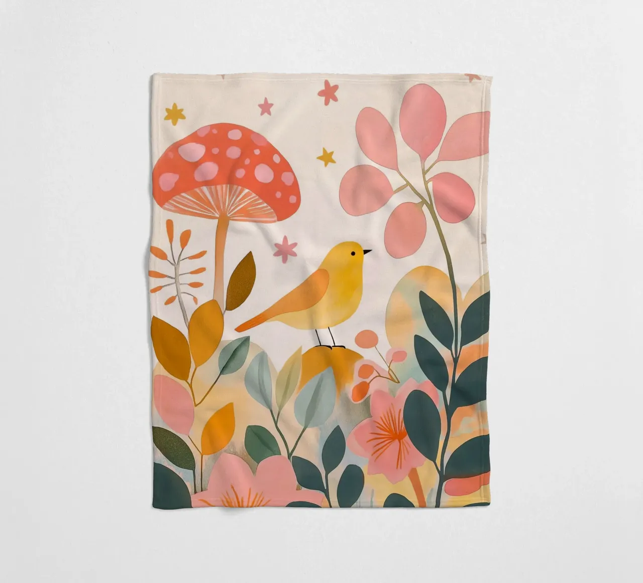 Mignon oiseau jaune dans un jardin de champignons Boho Botanique Automne plaid polaire de Gentle Echoes Art