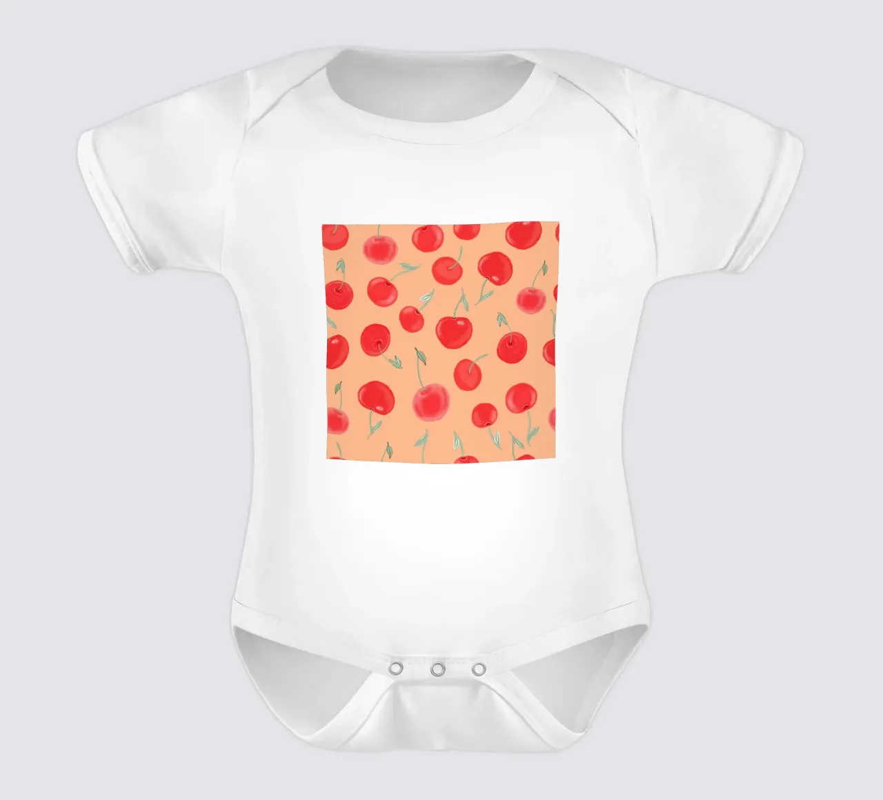 Berry Burst strawberry orange colored pattern short-sleeve baby romper by gulsengunel