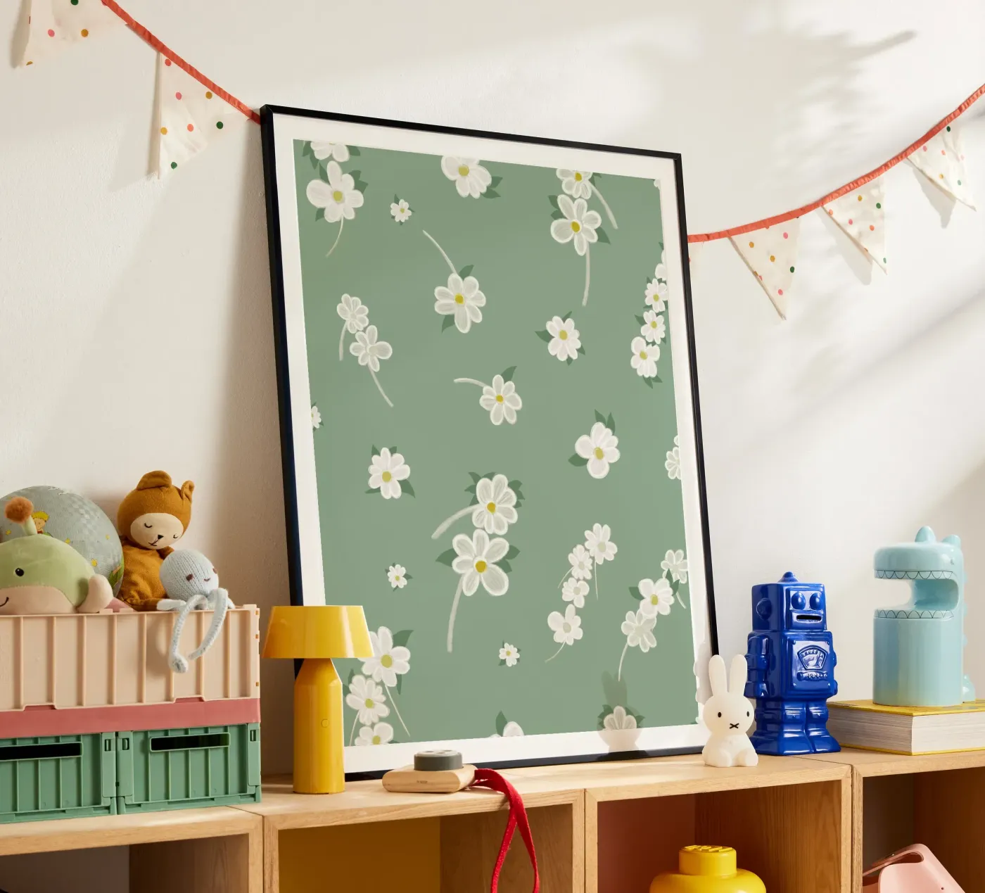 Daisies green background pattern poster by gulsengunel