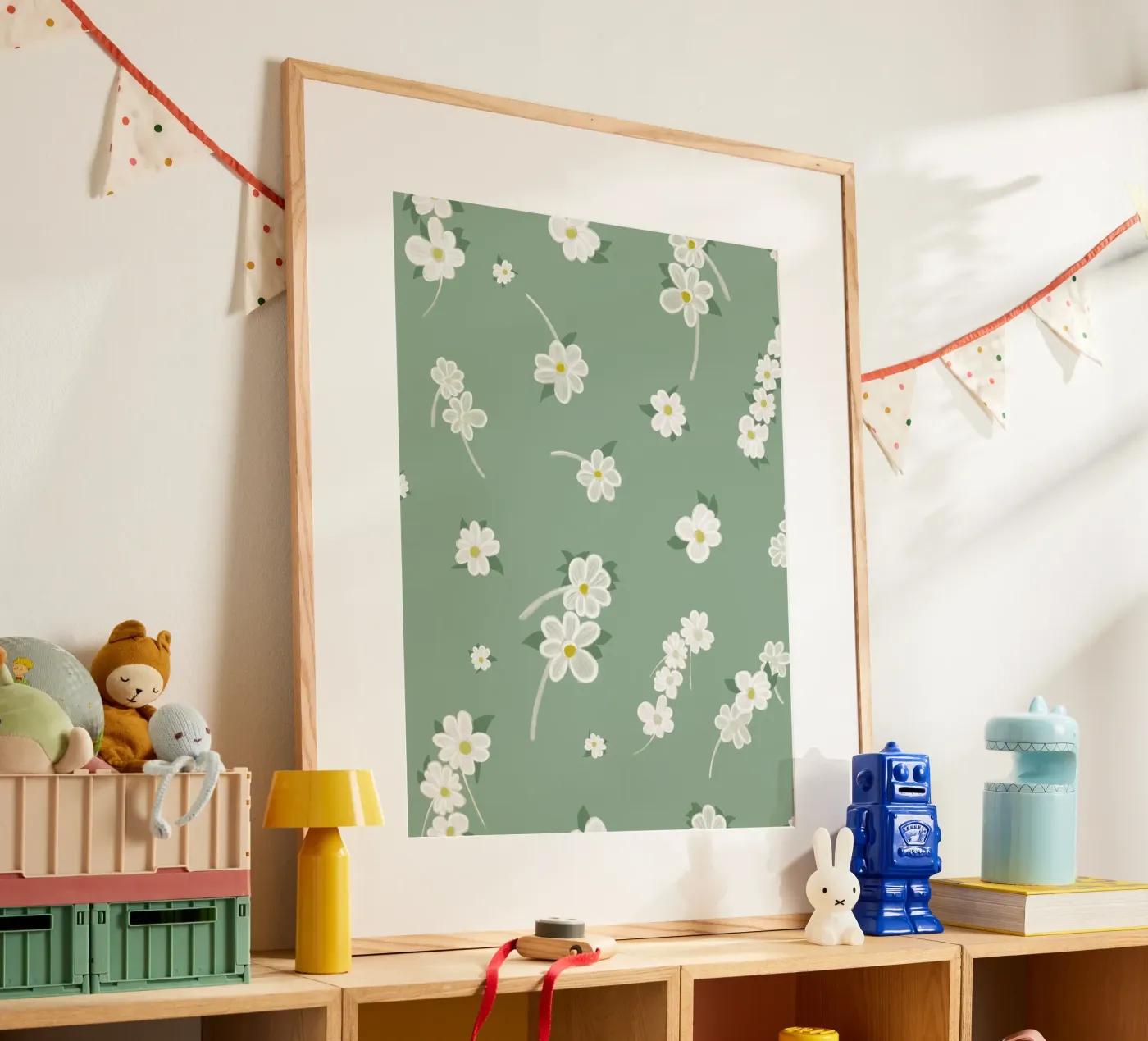 Daisies green background pattern poster by gulsengunel