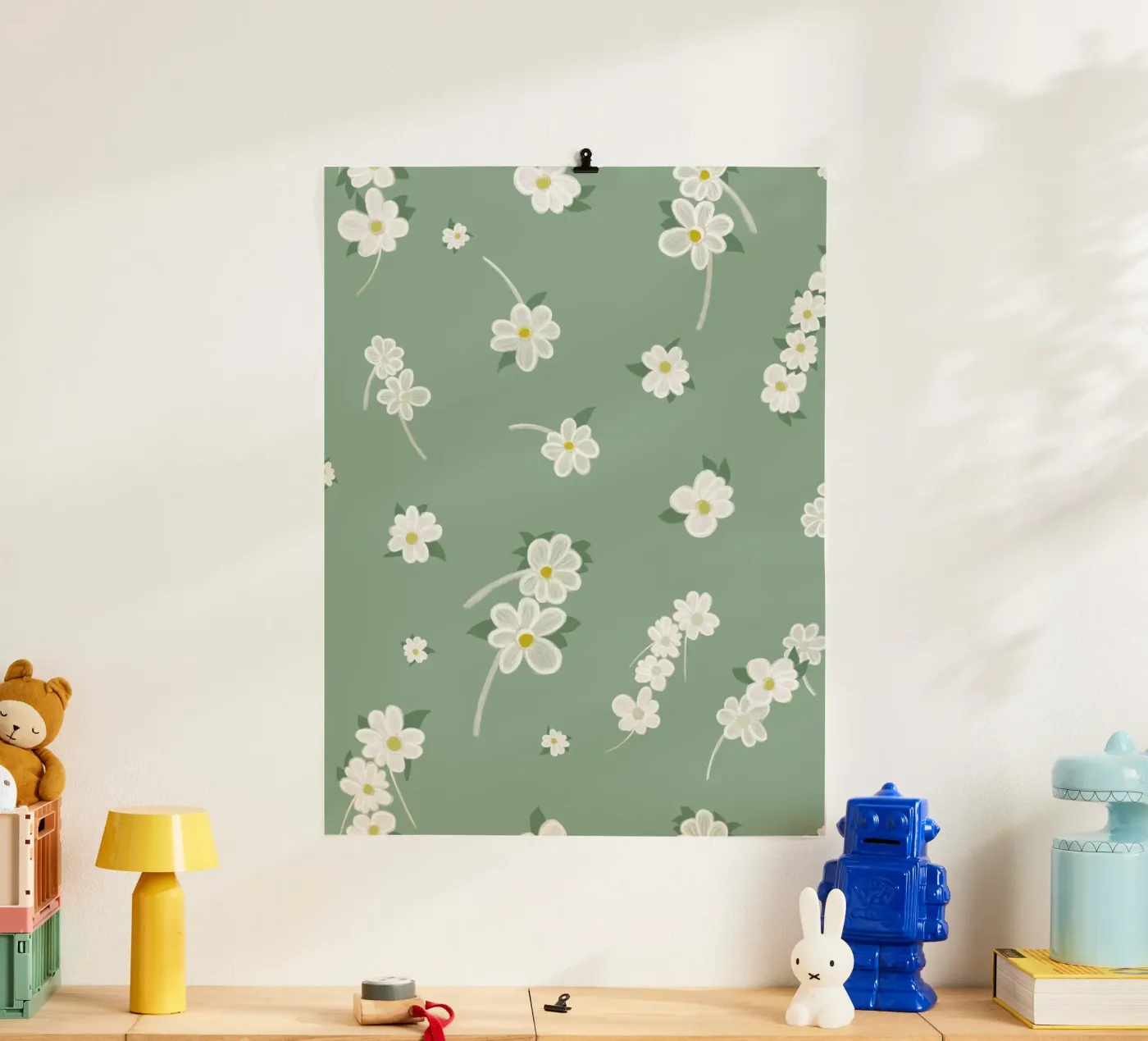 Daisies green background pattern poster by gulsengunel