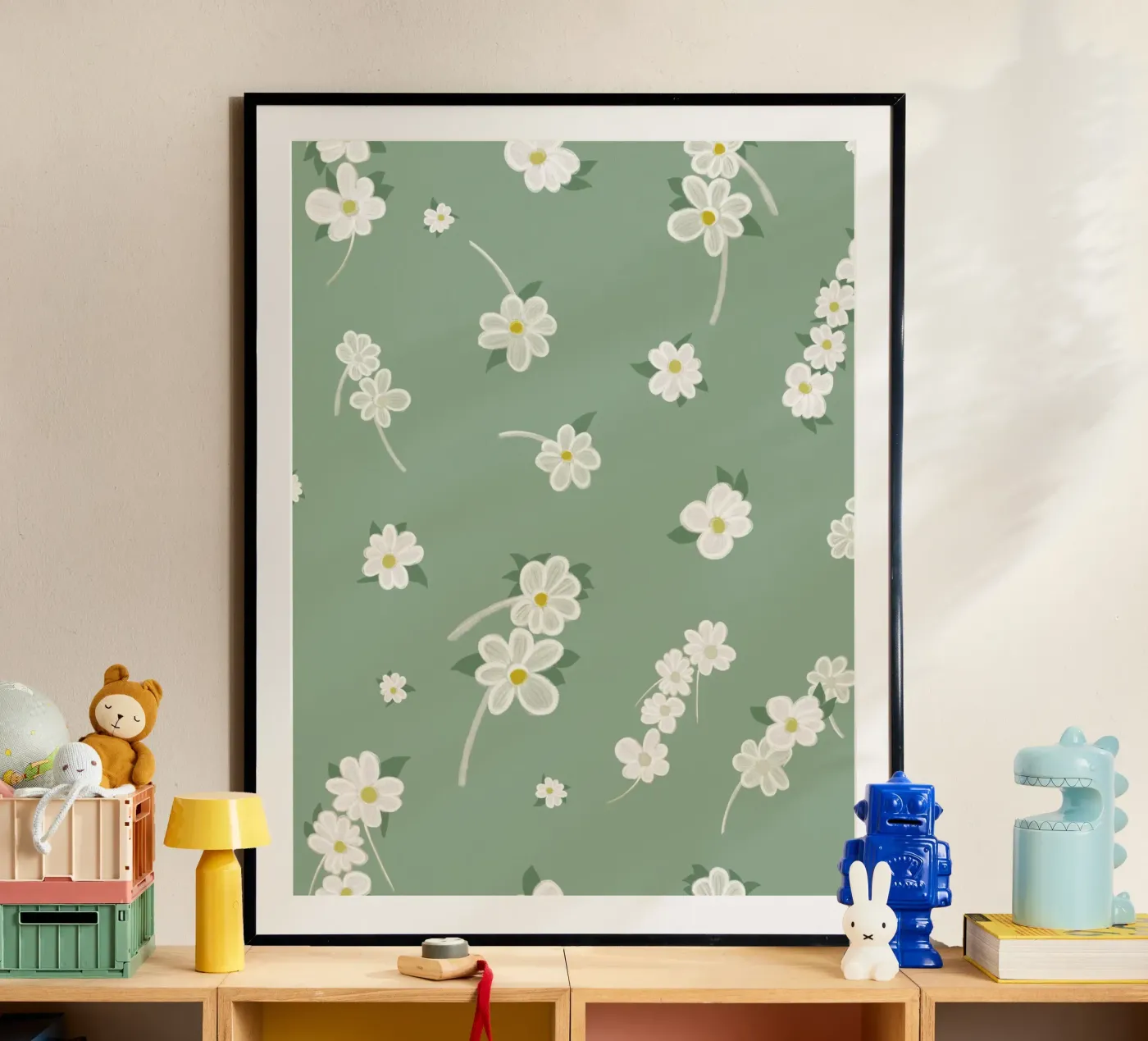Daisies green background pattern poster by gulsengunel