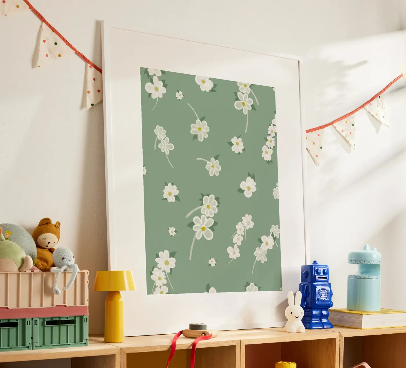 Daisies green background pattern poster by gulsengunel