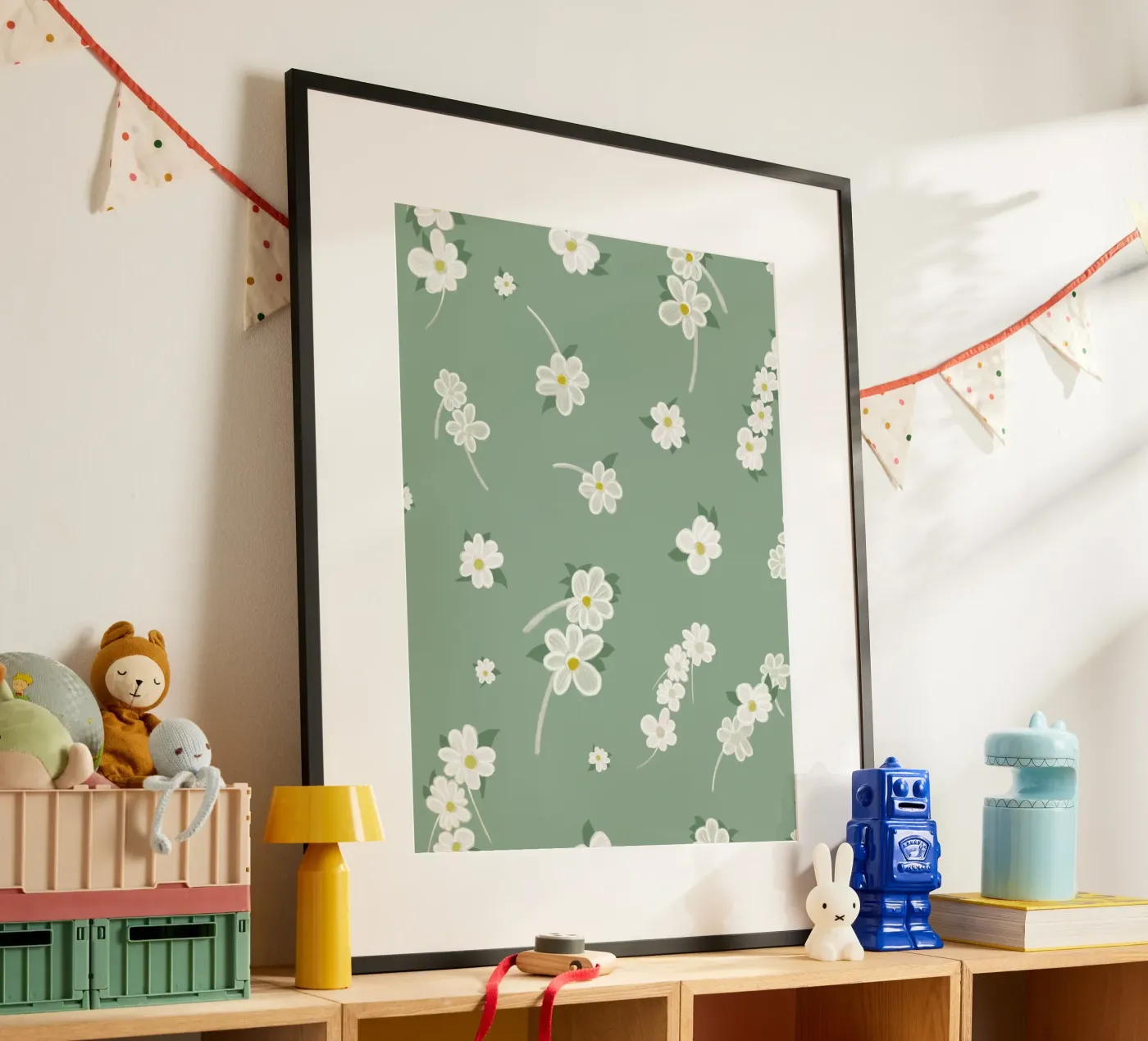 Daisies green background pattern poster by gulsengunel