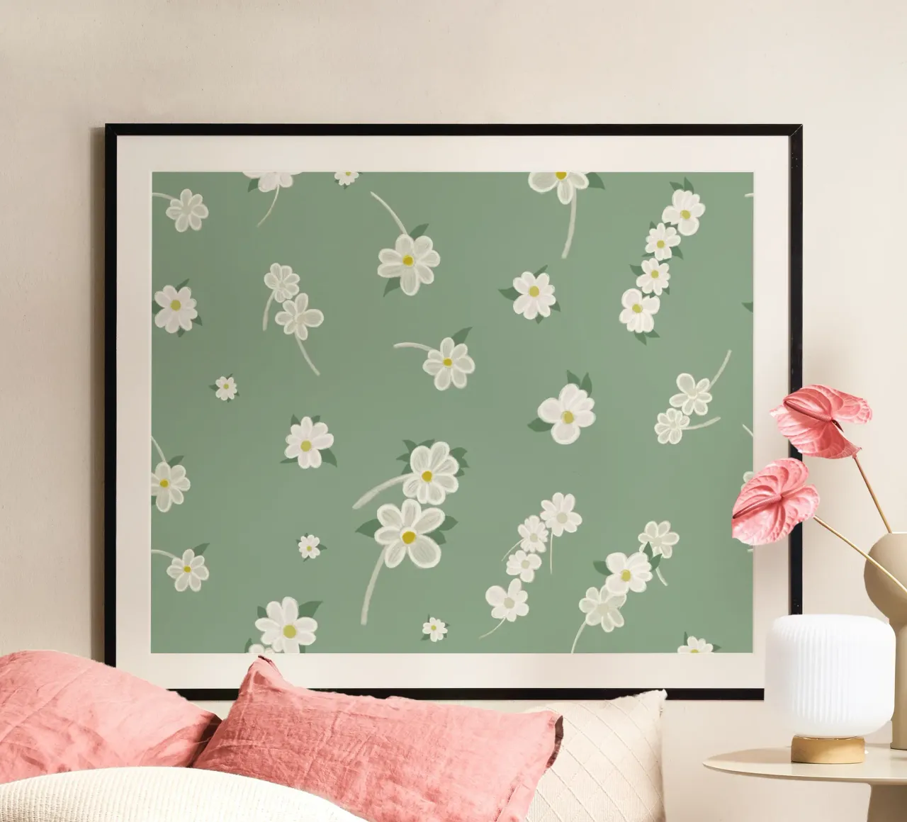 Daisies green background pattern poster by gulsengunel