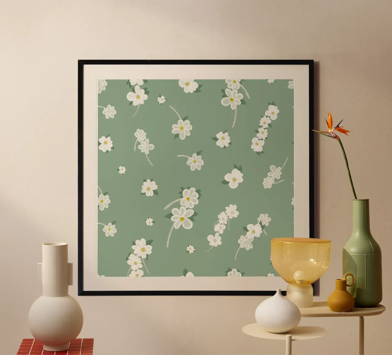 Margherite modello di sfondo verde poster con telaio in legno da gulsengunel