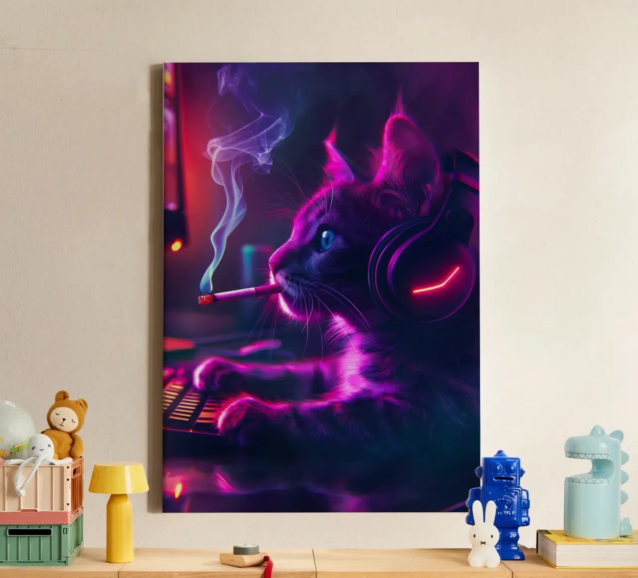 Gatto gamer che fuma la sigaretta tela con Cornice a cassetta da Fleur de Lys