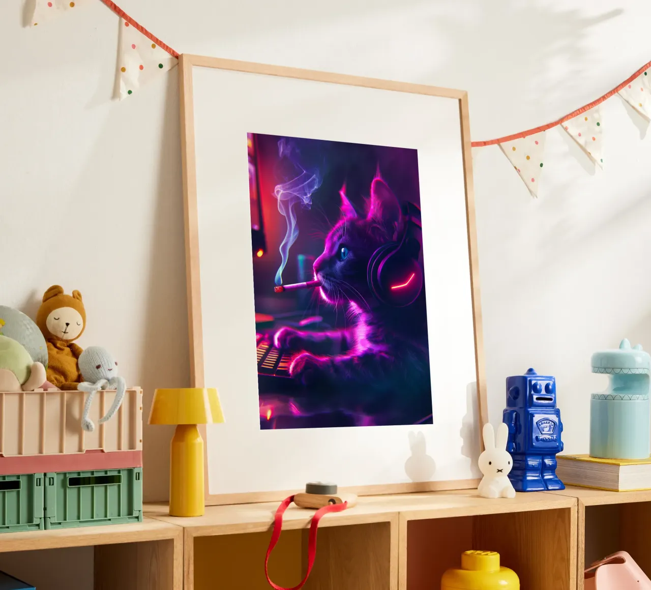 Gatto gamer che fuma la sigaretta poster con telaio in plastica da Fleur de Lys