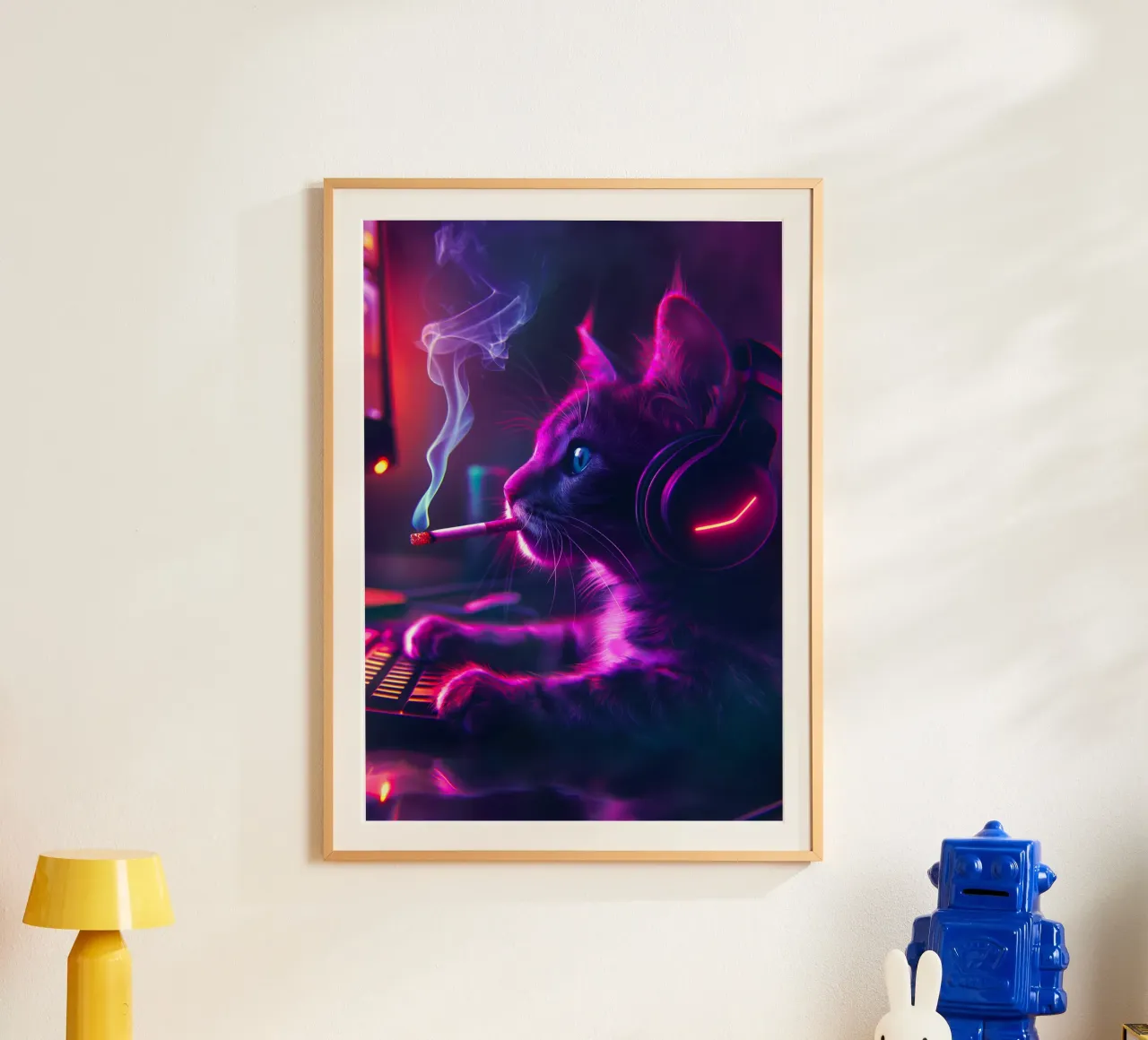 Gatto gamer che fuma la sigaretta poster con telaio in plastica da Fleur de Lys