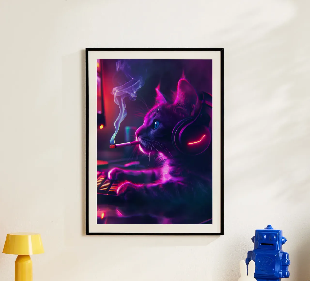 Gatto gamer che fuma la sigaretta poster con telaio in plastica da Fleur de Lys