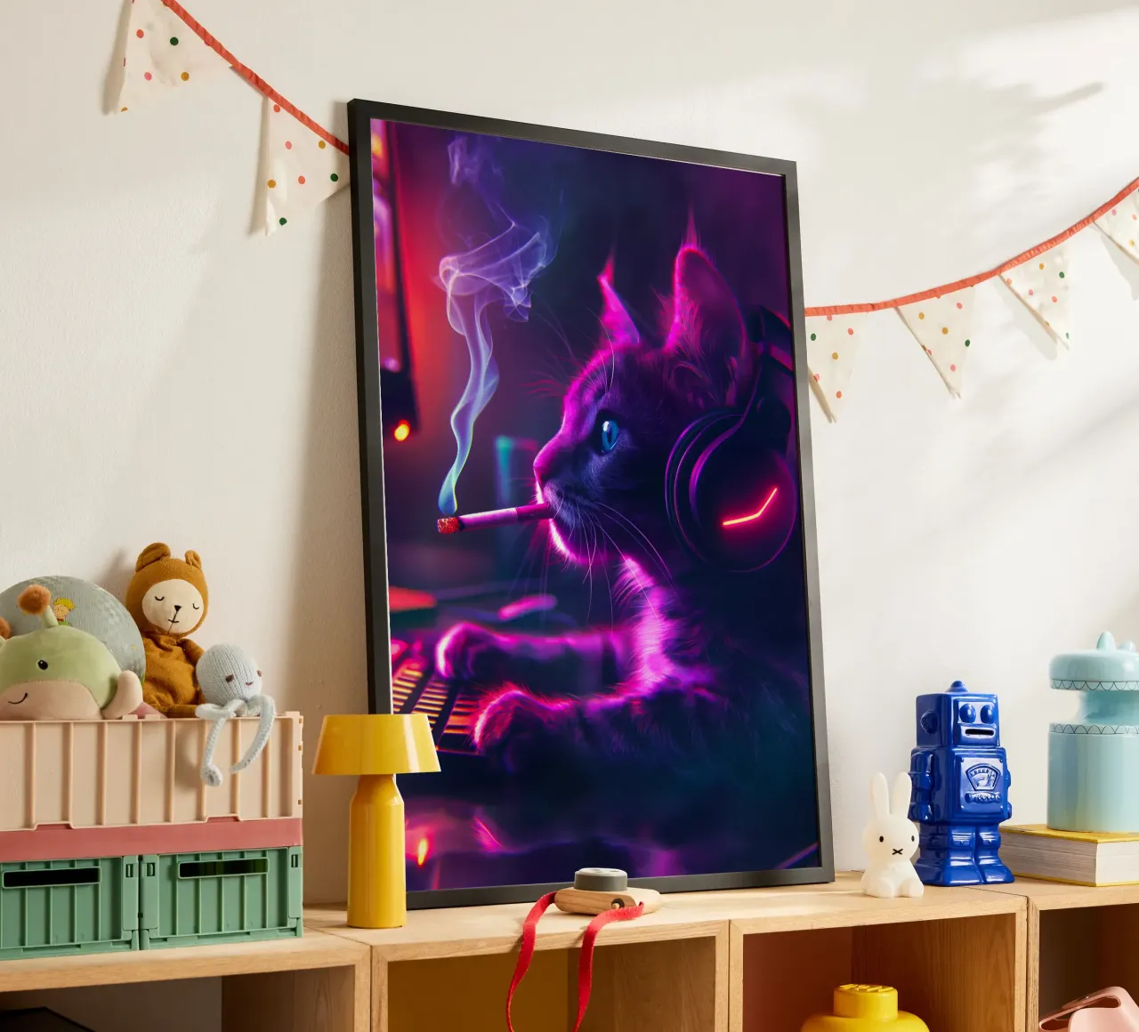 Gatto gamer che fuma la sigaretta poster con telaio in plastica da Fleur de Lys