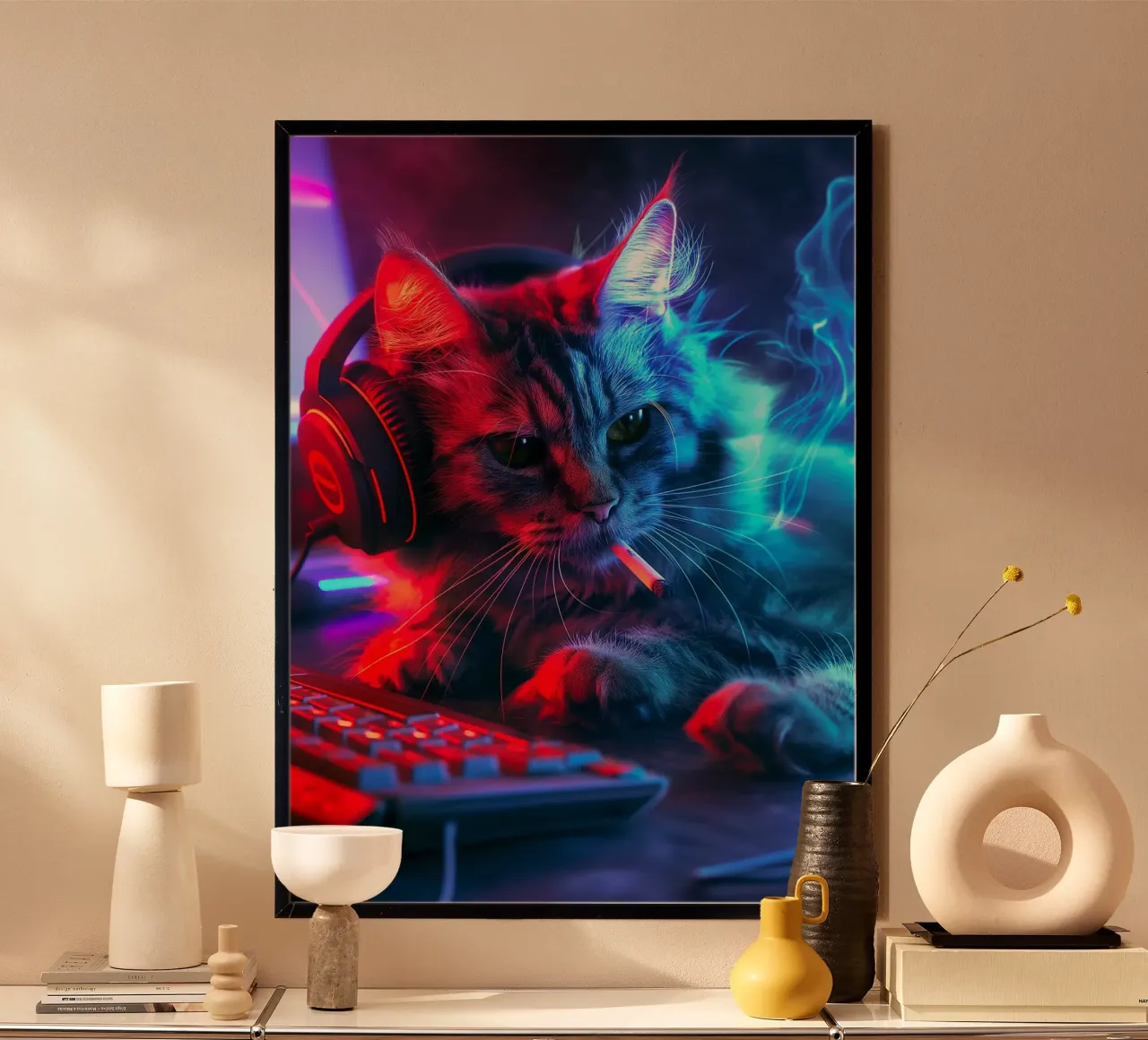 Gatto neon gamer poster con telaio in alluminio da Fleur de Lys