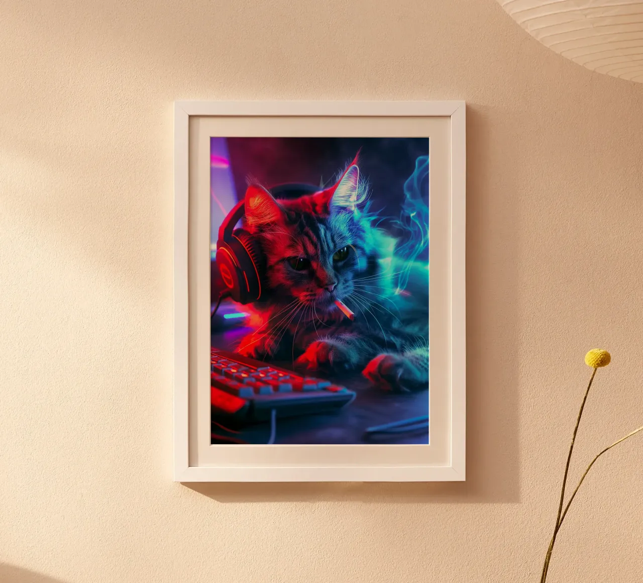 Gatto neon gamer poster con telaio in alluminio da Fleur de Lys