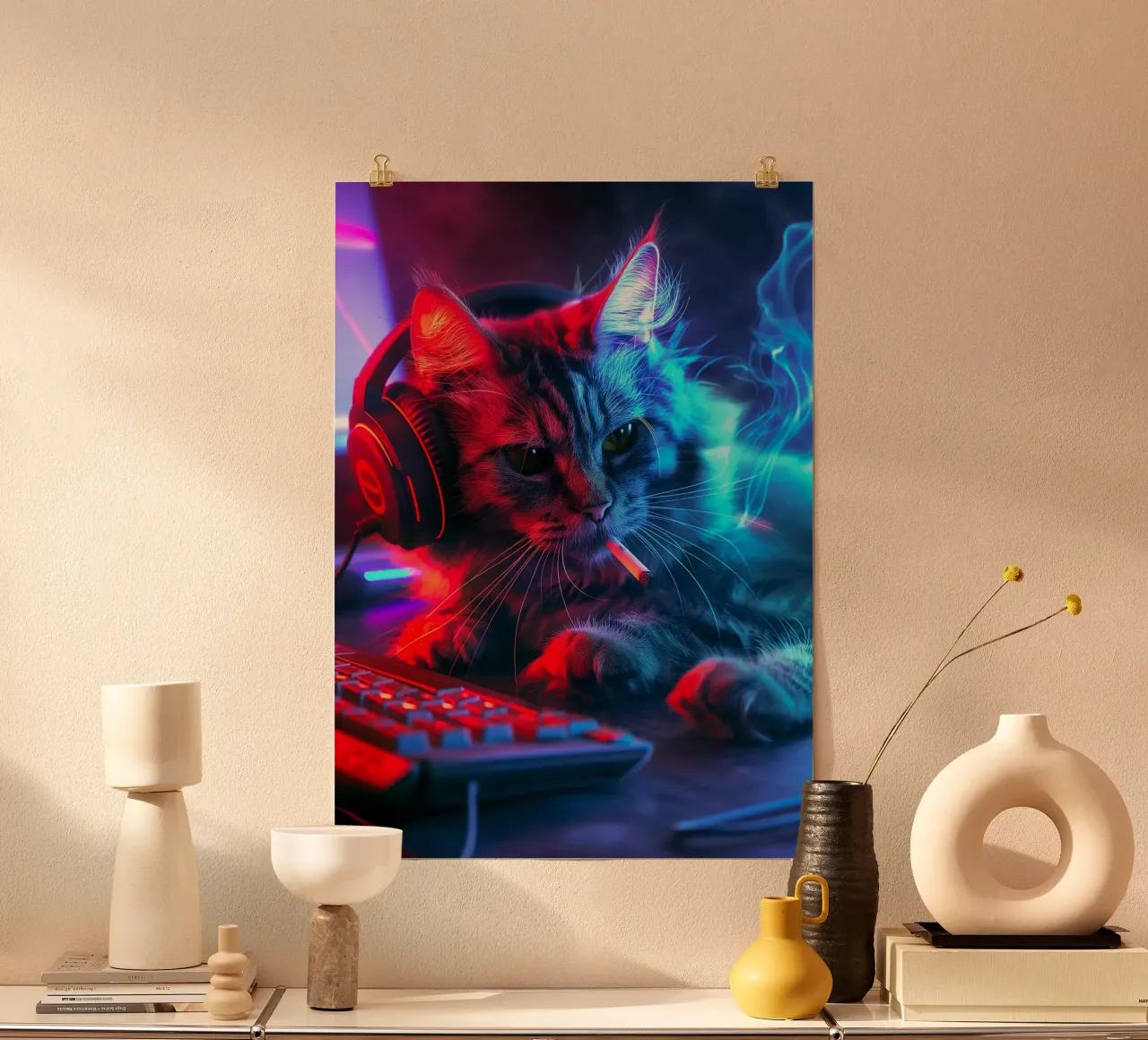 Gatto neon gamer poster con telaio in alluminio da Fleur de Lys