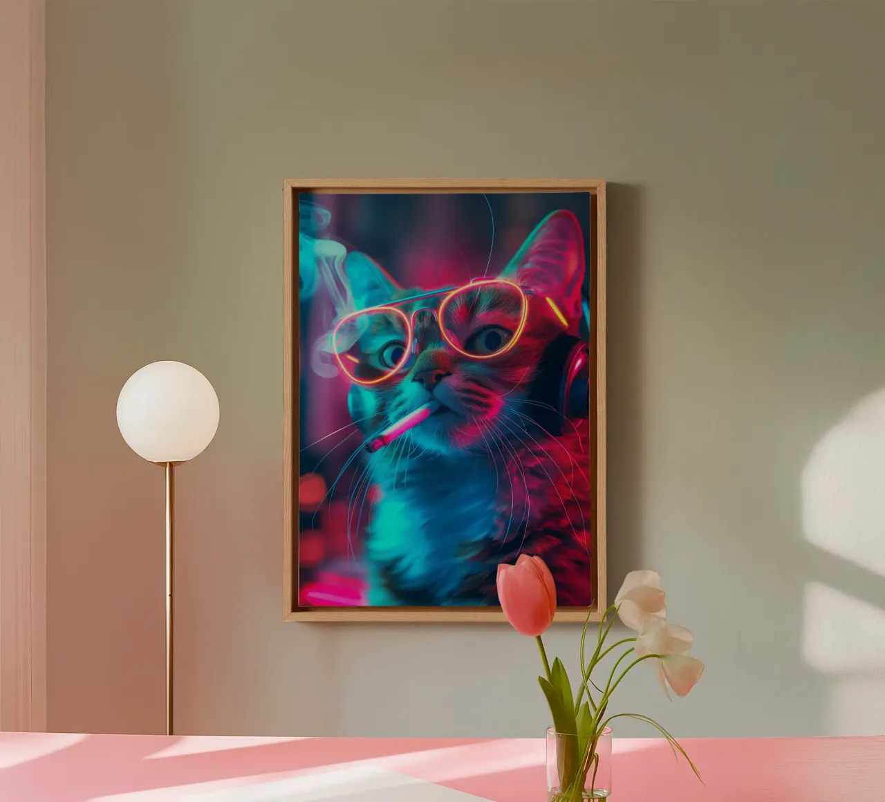 Gatto neon gamer tela con Cornice a cassetta da Fleur de Lys