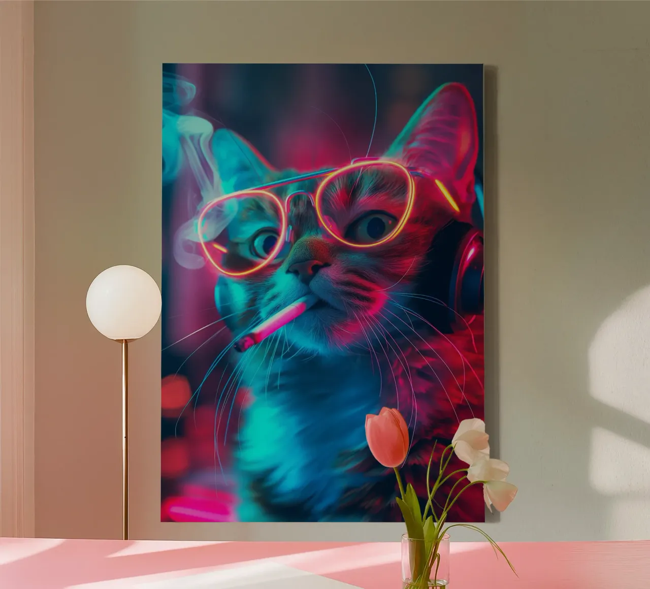 Gatto neon gamer tela con Cornice a cassetta da Fleur de Lys