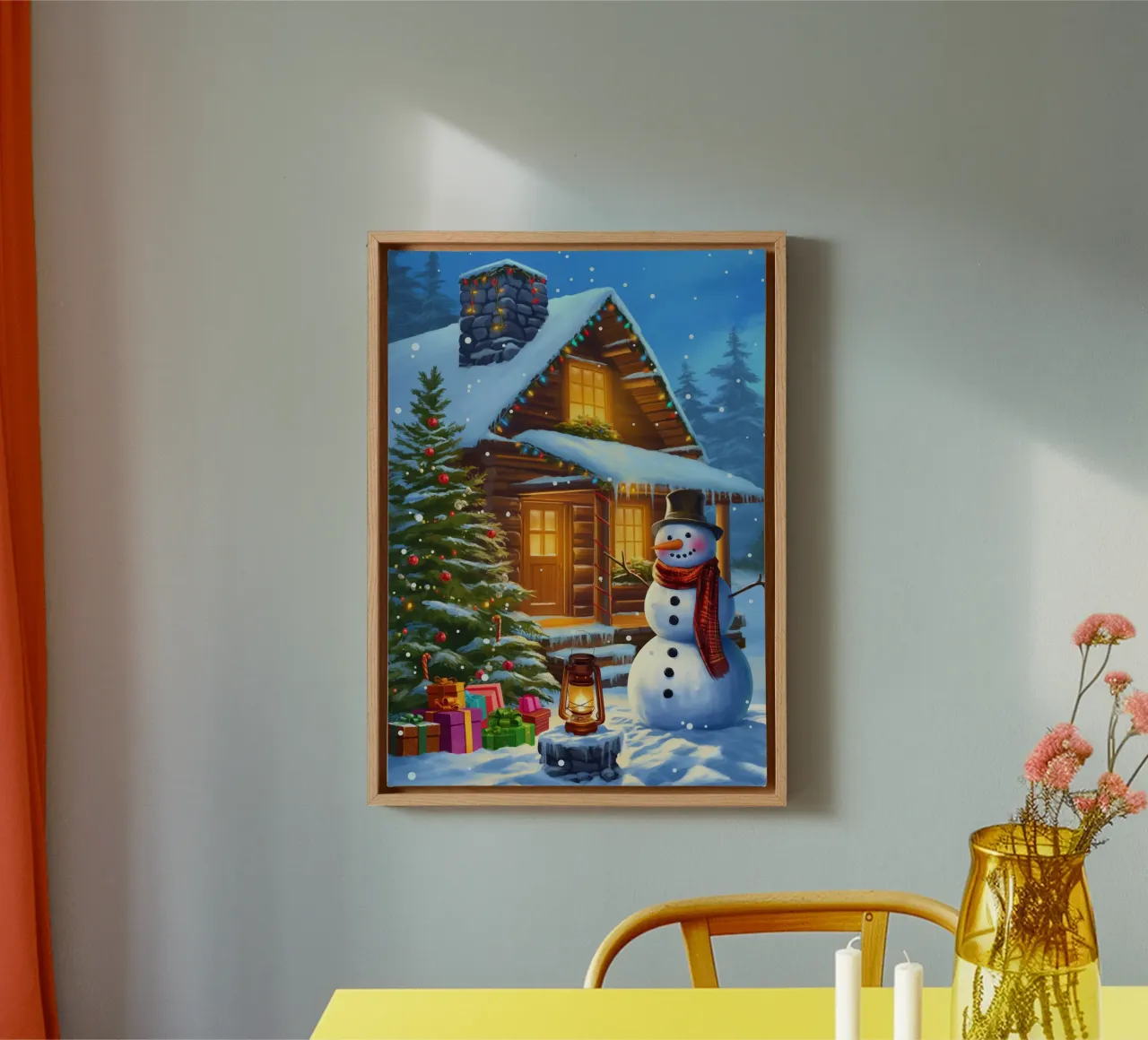 Kerst sneeuwpop canvas met Baklijst van Fleur de Lys
