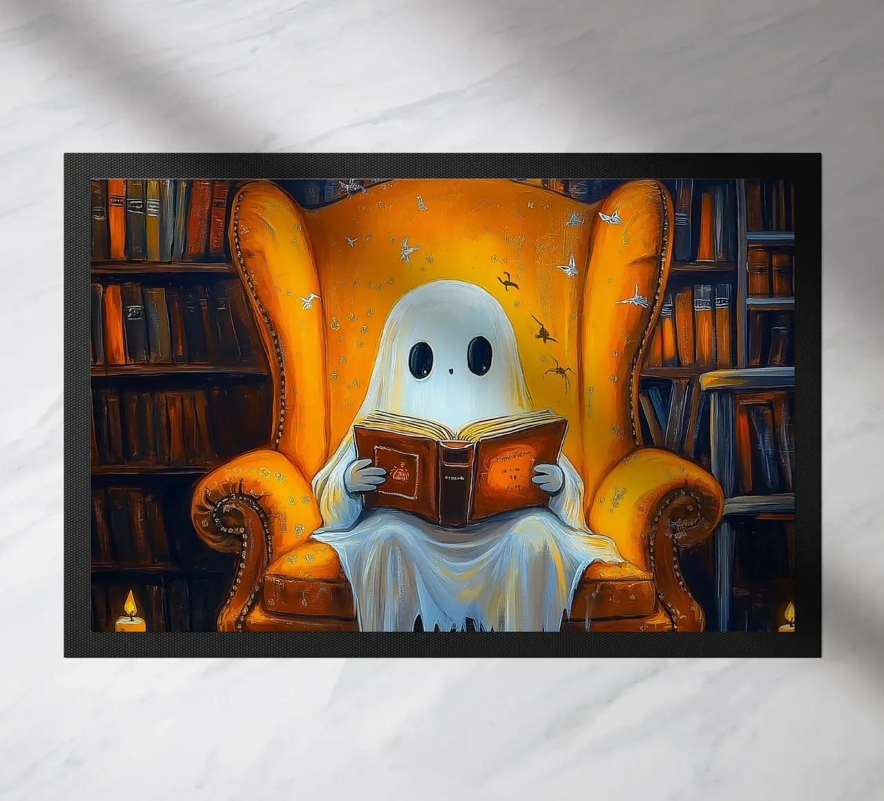 Halloween Ghost Reading Book in Library doormat by Fleur de Lys