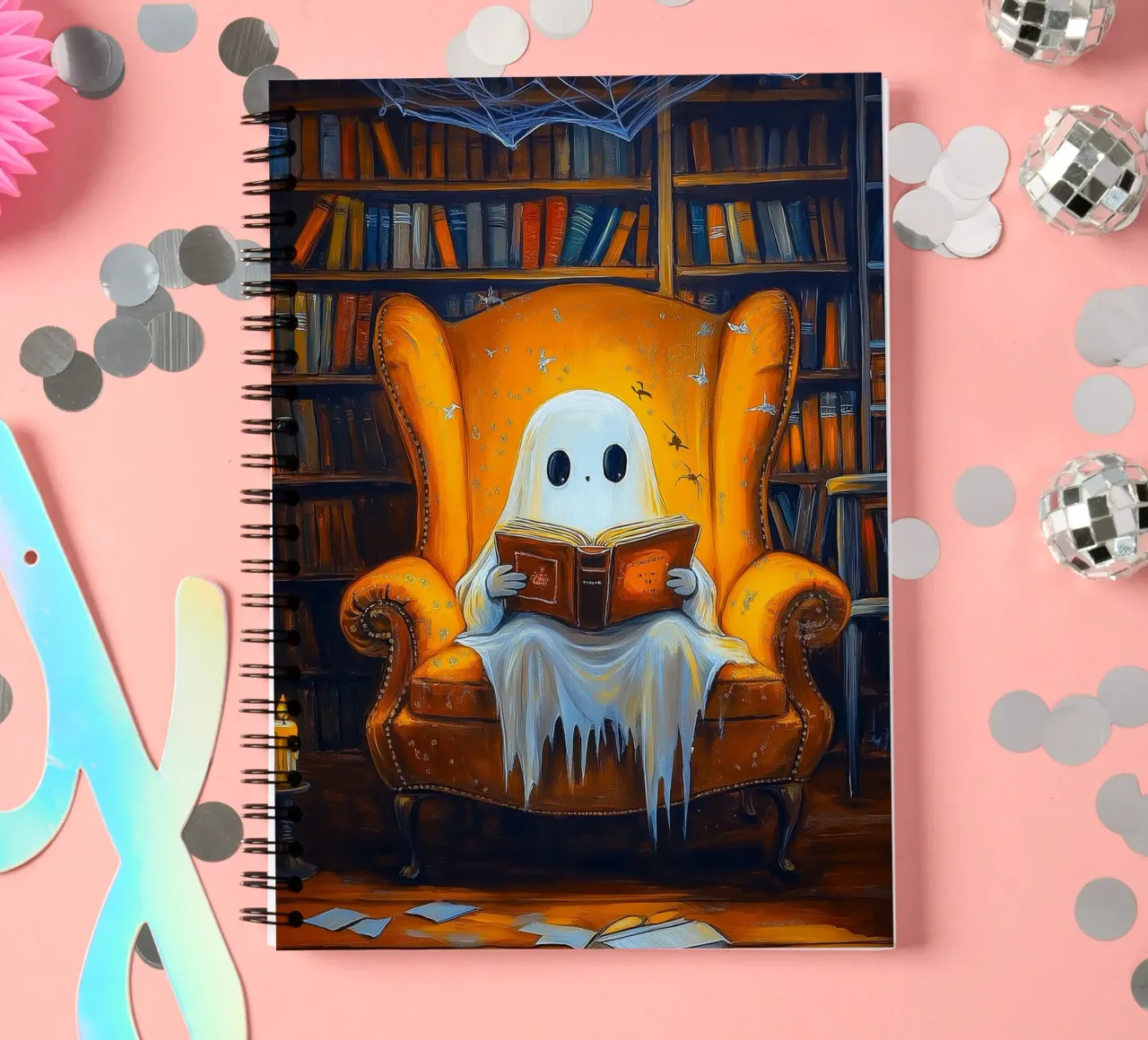 Halloween Ghost Reading Book in Library spiral notebook by Fleur de Lys