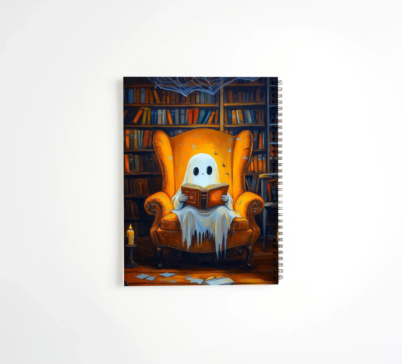 Halloween Ghost Reading Book in Library spiral notebook by Fleur de Lys
