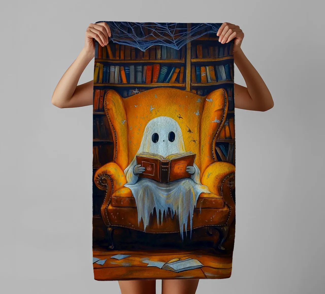 Halloween Ghost Reading Book in Library towel by Fleur de Lys