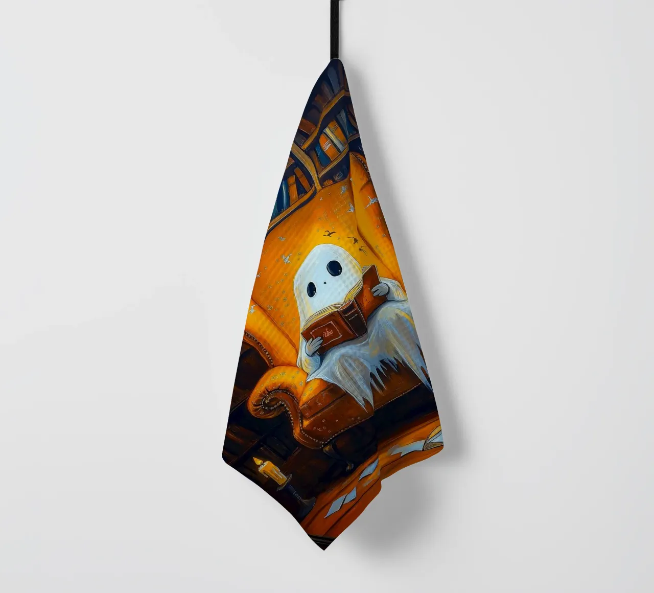 Halloween Ghost Reading Book in Library tea towel by Fleur de Lys