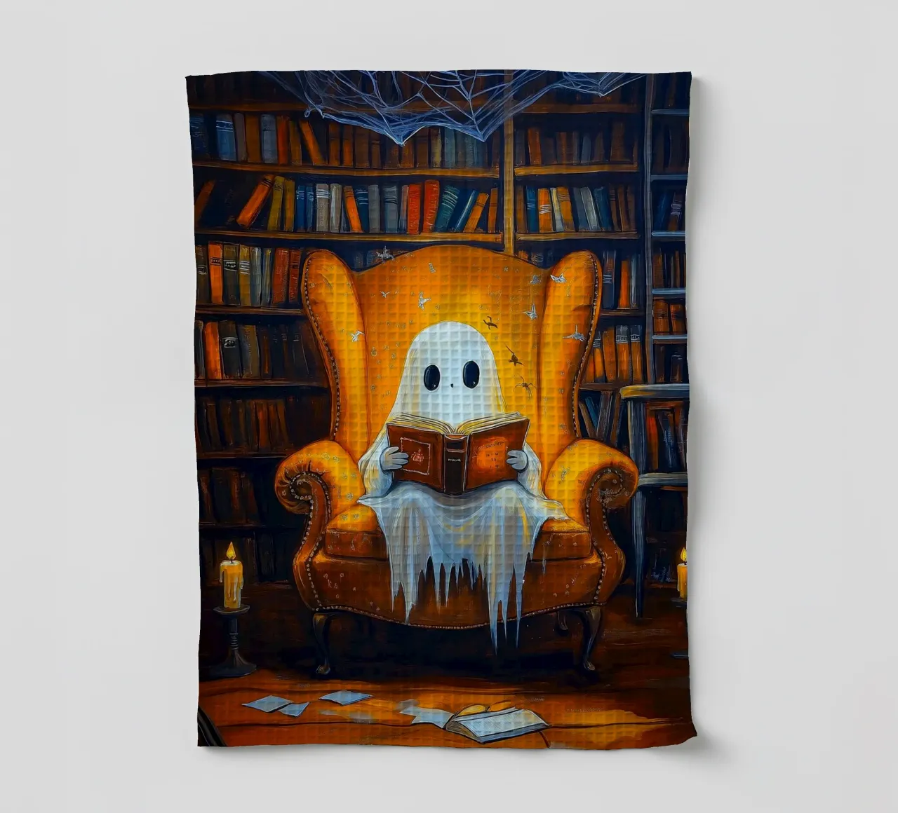 Halloween Ghost Reading Book in Library tea towel by Fleur de Lys