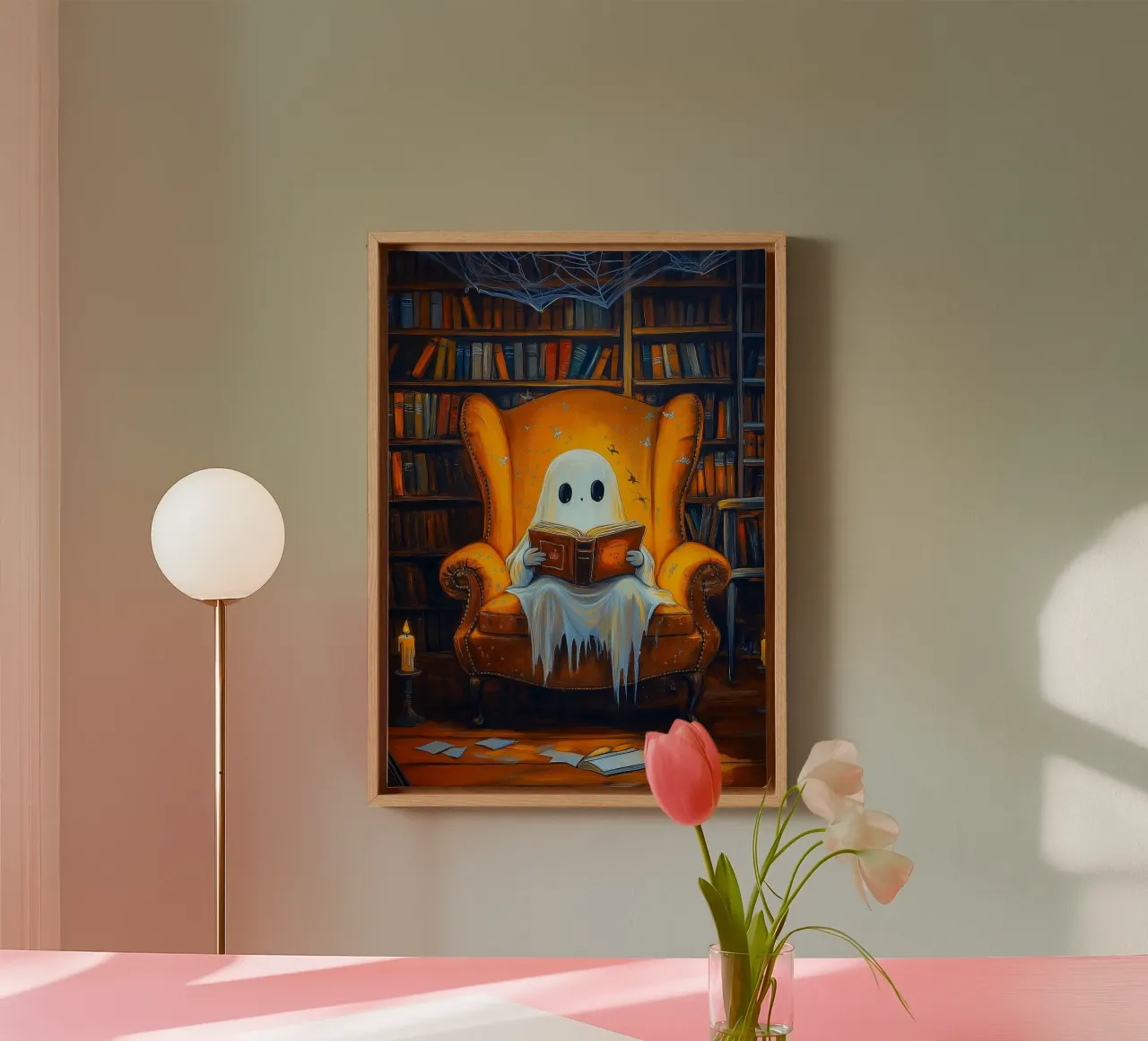 Halloween spook leest boek in bibliotheek canvas met Baklijst van Fleur de Lys