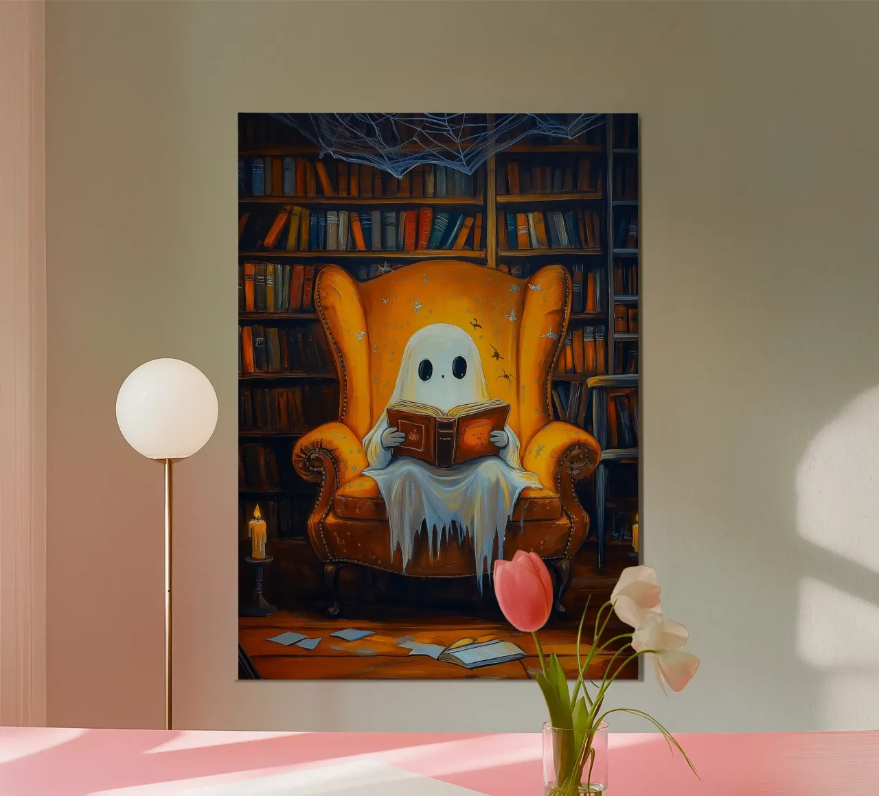 Il fantasma di Halloween legge un libro in biblioteca poster con telaio in alluminio da Fleur de Lys