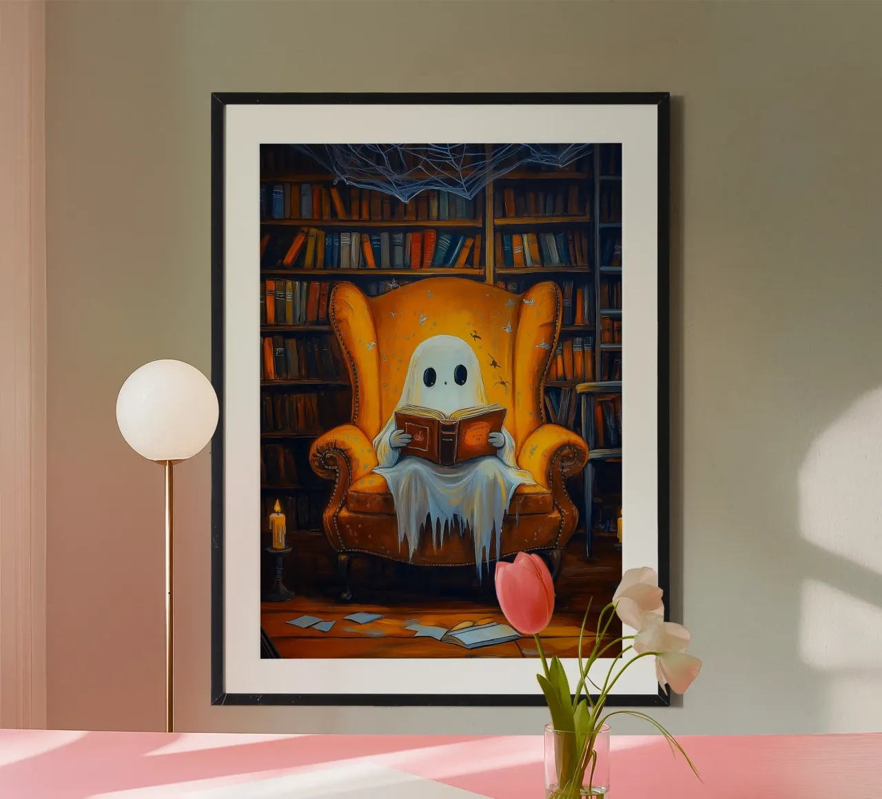 Il fantasma di Halloween legge un libro in biblioteca poster con telaio in alluminio da Fleur de Lys