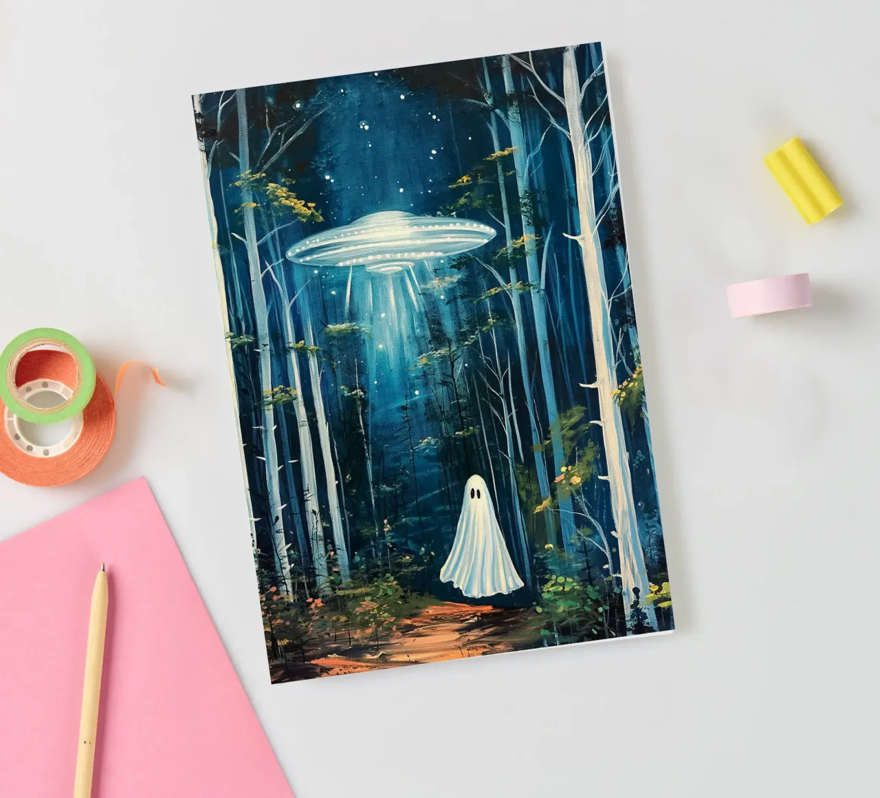Spooky Ghost under UFO notebook by Fleur de Lys