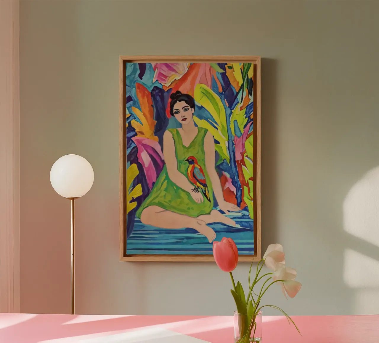 Donna in abito verde con uccello, vibrante figurazione tropicale tela con Cornice a cassetta da Hecate Pim Designs
