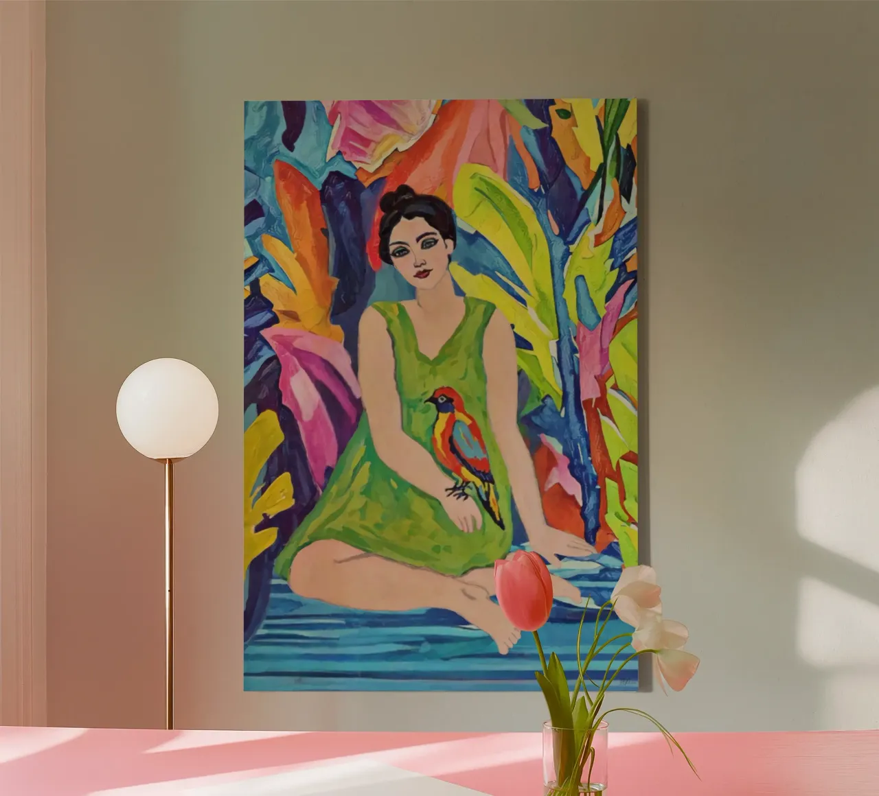 Donna in abito verde con uccello, vibrante figurazione tropicale tela con Cornice a cassetta da Hecate Pim Designs