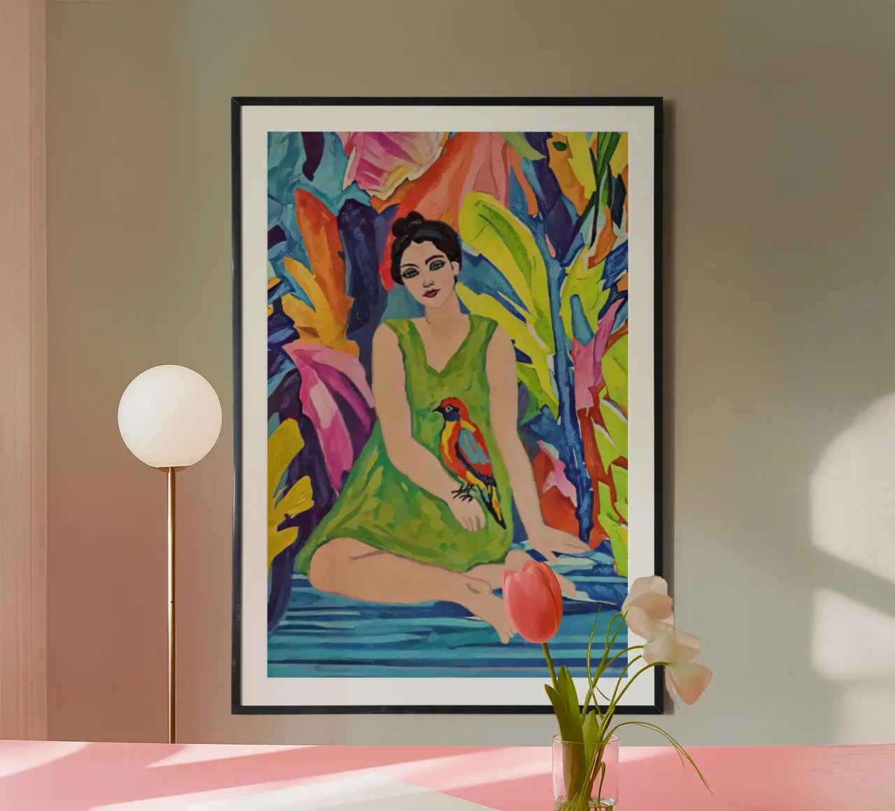 Donna in abito verde con uccello, vibrante figurazione tropicale poster da Hecate Pim Designs