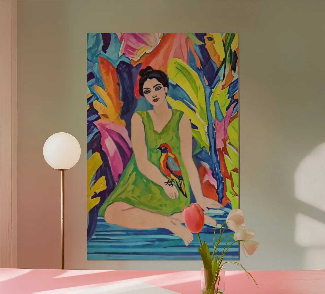 Donna in abito verde con uccello, vibrante figurazione tropicale poster da Hecate Pim Designs