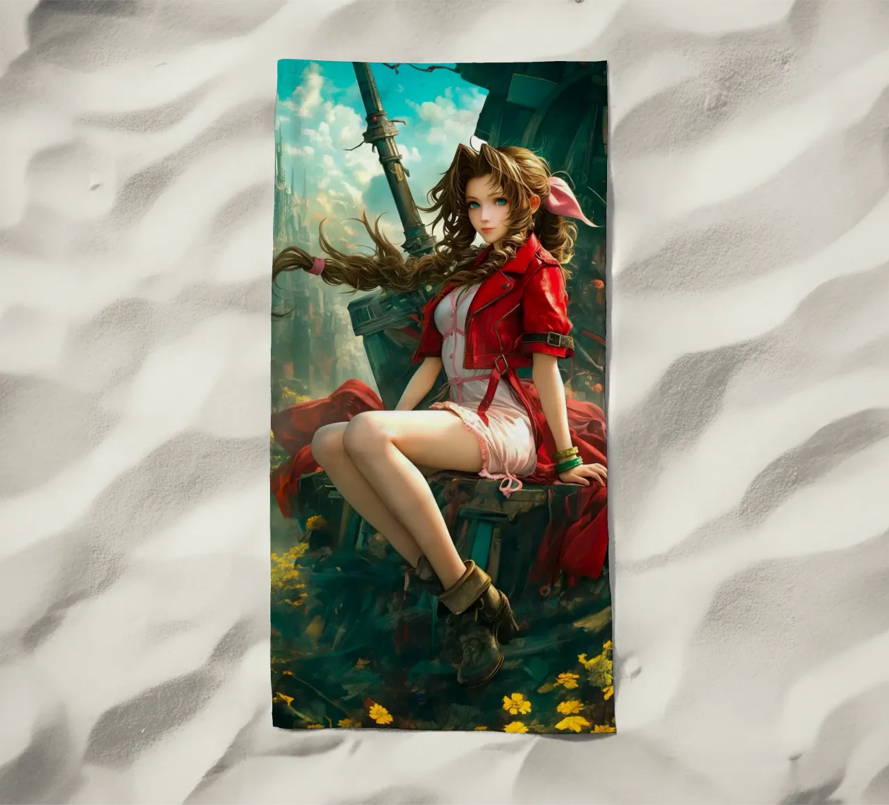 Ragazza in fiore Aerith a Midgar Final Fantasy VII FF7 telo mare da Fleur de Lys