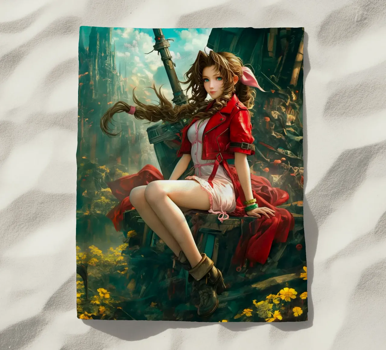 Ragazza in fiore Aerith a Midgar Final Fantasy VII FF7 telo mare da Fleur de Lys