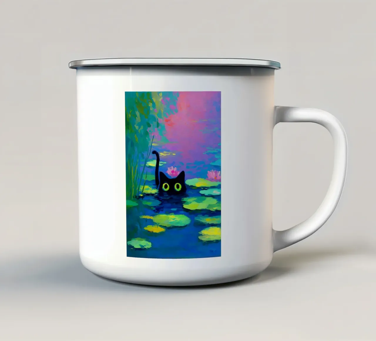 Gatto nero che nuota tazza in smalto da Fleur de Lys