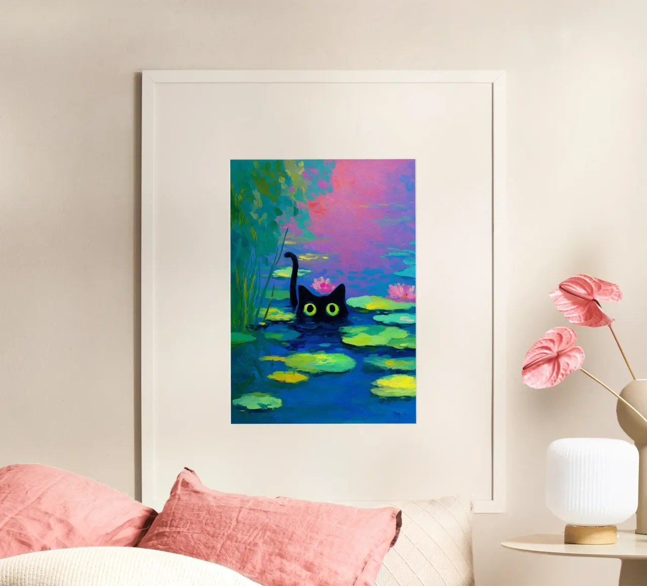 Gatto nero che nuota poster con telaio in plastica da Fleur de Lys