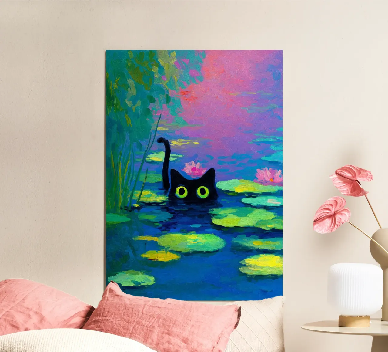 Gatto nero che nuota poster con telaio in plastica da Fleur de Lys