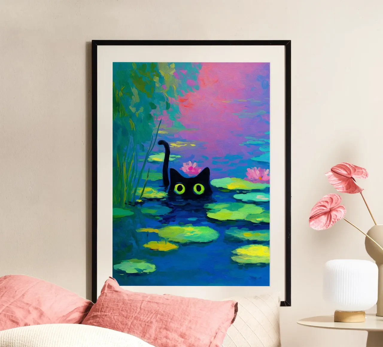 Gatto nero che nuota poster con telaio in plastica da Fleur de Lys