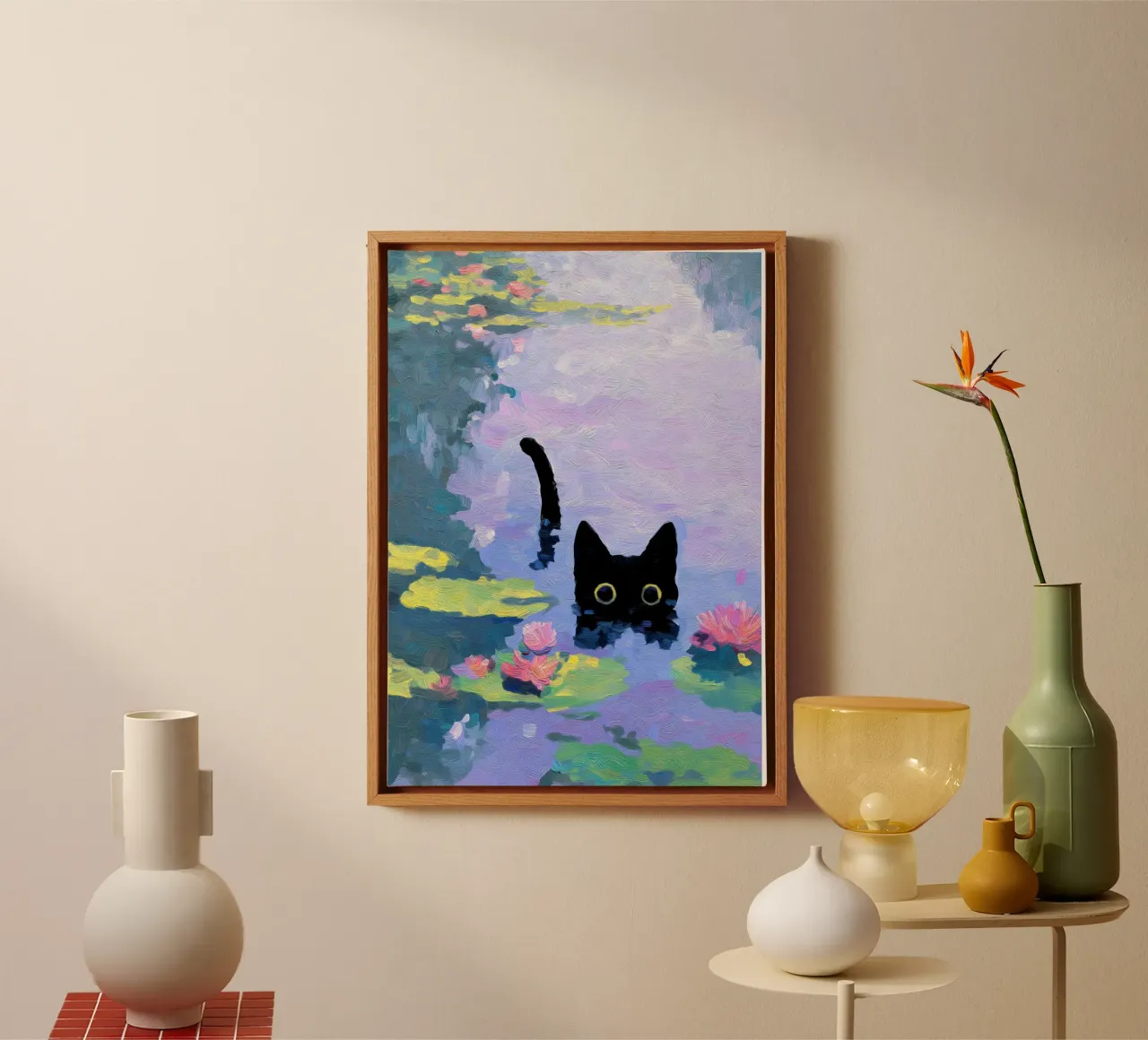 Funny Cat Swimming canvas with Floater frame by Fleur de Lys